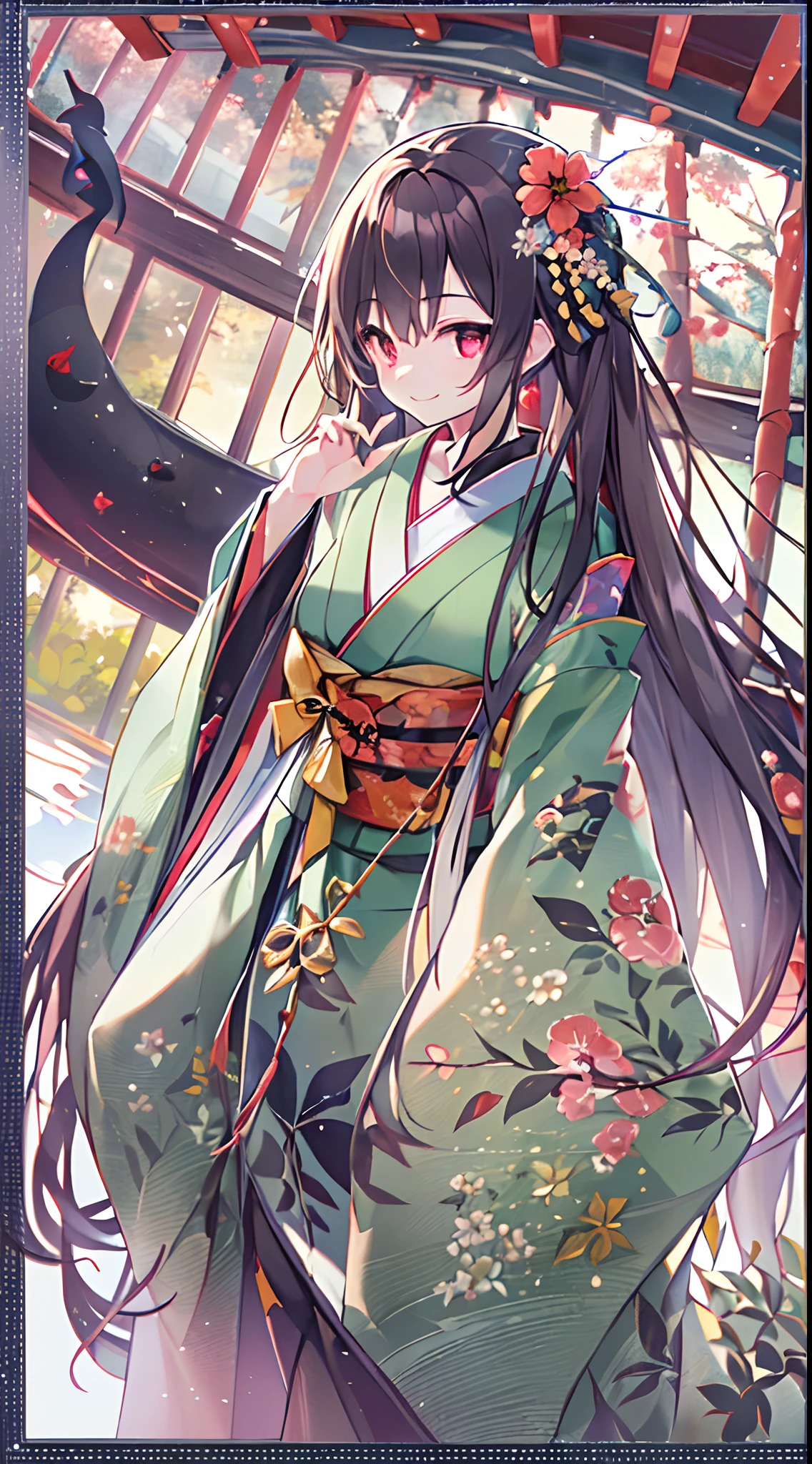 (top-quality:1.5), (masterpiece:1.5), (hight resolution:2.0)、Beautiful girl alone、cute little、15yo student、Medium chest、(A smile)、(Red Eyes)、(Eyes in detail)、(A dark-haired)、((Straight hair))、(Longhaire)、Patsun、Luxurious kanzashi、(Elegant atmosphere)、(Green kimono)、(Floral attire)、Long sleeves、Big Full Moon、Against the background of the night sky、(darkness:1.5)、takeout、Colored leaves、Japanese garden、FULL BODYSHOT、chii