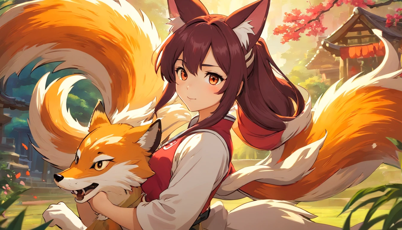 Ahri de League of Legends, foto do corpo todo, perfect hands, cabelos pretos e longos, nine fox tails on the tailbone, orelhas de raposa pretas, roupa de samurai vermelha, papel de parede, fundo em Iona, rosto sexy oriental, cabelos pretos escuros, imagem horizontal, celular