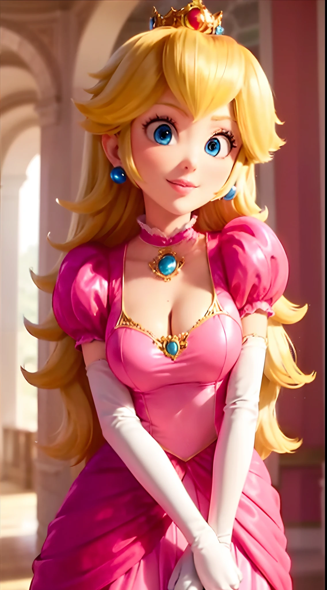 (Inside a castle setting,)  A ite Princess Peach wearing a beautiful hot pink dress, she is gentle and compassionate and is shown smiling gently, she is over 6 feet tall and wears a golden crown atop her blond hair and white gloves. With a focus on her large alluring chest, (large chested, decolletage, (she is dipicted leaning forward showing off her decolletage)), she is depicted in a close-up shot from below. Nsfw, exposed boobs, free nipple, nipple free