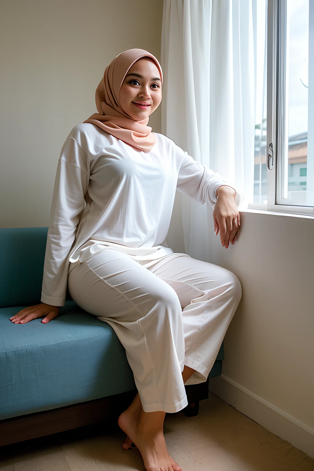1 malay girl , modern plain hijab, shy, medium portrait shot , watery eyes , wear white big oversized tshirt and white high waist jeans, white modern hotel bedroom background, bright front light, she try to remove pants pose,