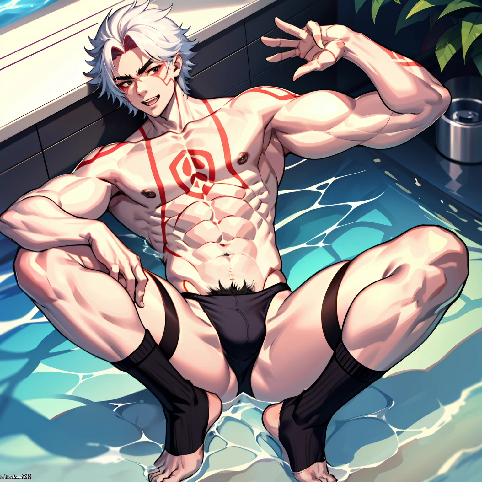 1 boy ,Libido boy,20yr old,Handsome,Muscular,Raised sexy,k hd, tmasterpiece,8K,tight swimming trunks,Nudity all over,Bare topless,white short socks,massive bulge,A sexy pose,Trembling,full-body view