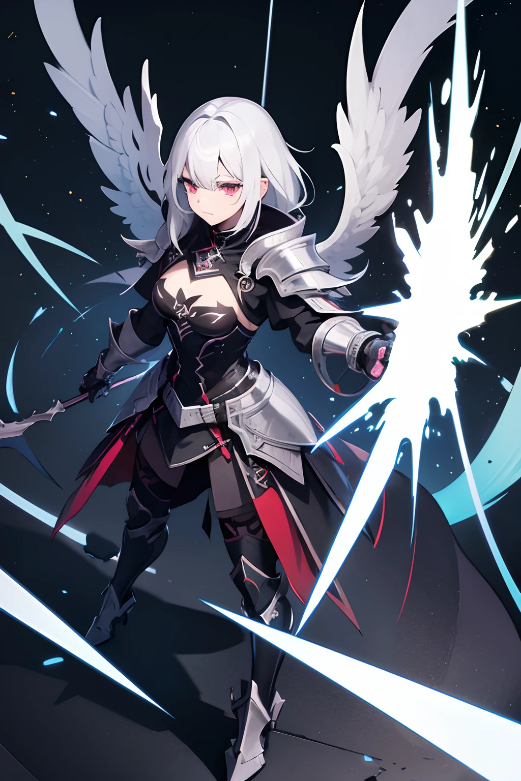 Frauen, Gesicht, White hair, Armor of the Black Dragon, Maske, Rote Augen, High quality, super detailliert, Super Holy Armor, vorderseite, Helles Bild, vorderseite, 4 Drachenflügel, mehr vorne, black armor, Roter-Kupfer Verzierung, Cyberpunk, Neon, metallisch, fullbody view