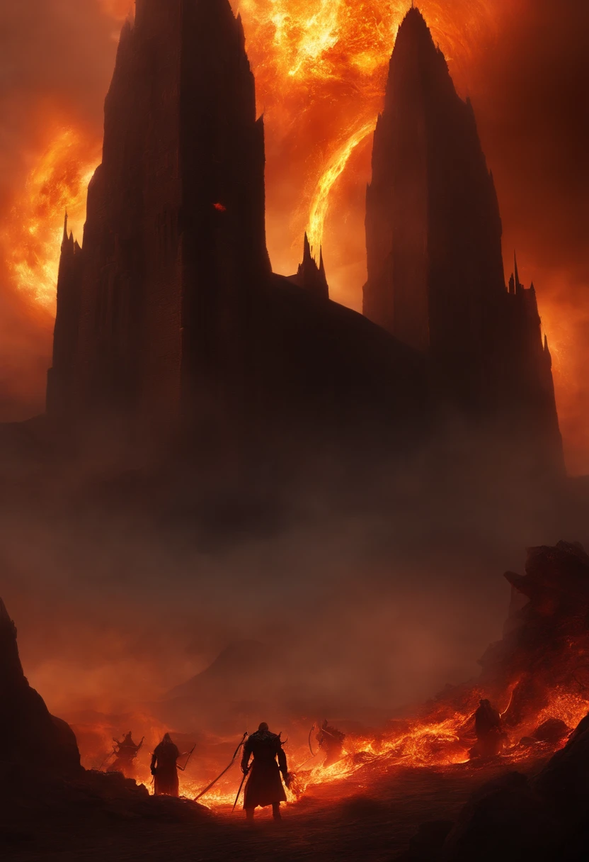 ),Shady,hellish,Perspectives,apocalyptic,Ogre,Dark and eerie atmosphere,dramatic lights,dense smoke,Scorching flame,Ominous Shadows,barren landscape,Crepitus,huge hell,Pillar of fire,sinister character,desolate ruins,Crumbling structure,intense heat,wailing soul,pain and suffering,eternal punishment,Spectral entities,ominous red hue,The presence of demons,Lost souls,Dark abyss,Ominous portal,Tormented souls,Writhing and twisted figures,scary and twisted,desolated,spectral glow,Nightmarish scenery,ominous and ominous.The pressure of mountain hell