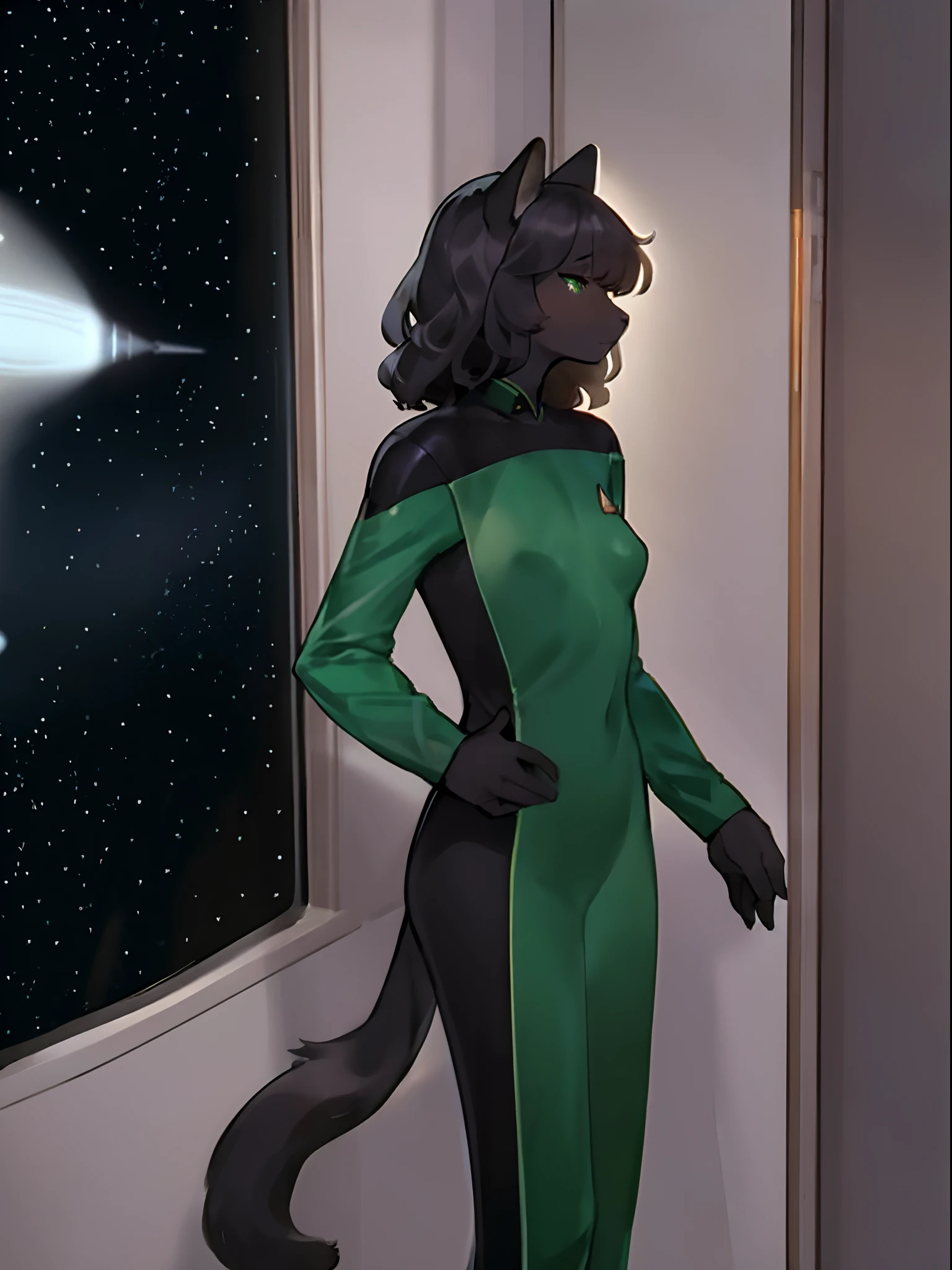 Author: Buta99, Author: Bebebebebe, Chelodoy, 独奏, woman's, Standing, extremely small breasts, Slender figure, with black hair, Medium Hair, Wavy Hair, messy hair, glowing green eyes, A detailed eye, Detailed hands, Black fur, black body, The tail of a black cat, black fur face, black face, lips, tight-fitting shiny silver spacesuit, Love green metallic, Space, Window, a space ship