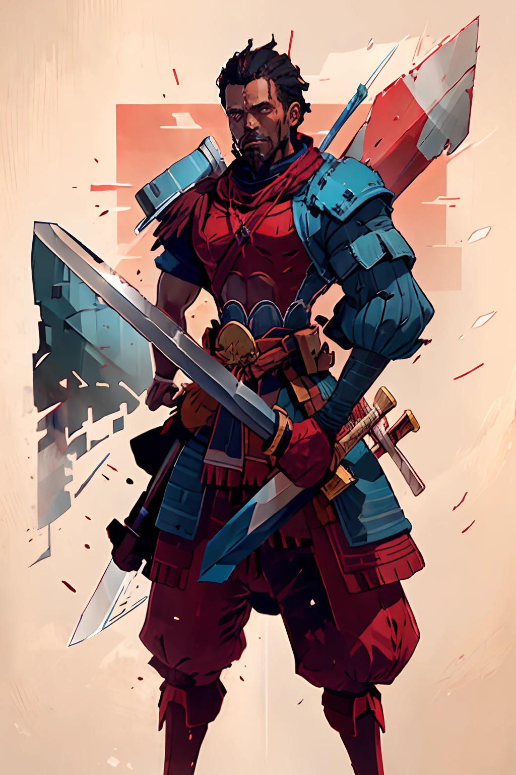 Captain strong black man in red and blue clothes holding a sword in his hand