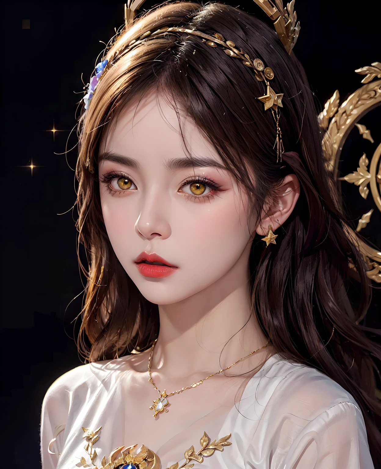 1 27-year-old girl, 1 zodiac goddess from the future, goddess of the pink and purple 12 zodiacs, the goddess of the zodiac in a yellow ao dai, a 12 zodiac ao dai with many black lace detail, mythology Goddess of the 12 zodiacs from the future, zodiac ♏, luxurious glittering zodiac style, dark and mysterious version, zodiac crown, lipstick lips red, thin and beautiful lips, mouth closed, characters made by karol bak and pino daeni, intricate detail, detailed background, extremely detailed, light magic, a woman, clear face, hair long with bangs, beautiful face in detail and well-proportioned eyes, (transparent yellow eyes: 1.8), big round eyes and very beautiful and detailed makeup, foresight, silk dress, mysterious makeup , double bangs and dyed light blonde , upper half portrait, zodiac goddess portrait, arms hanging loosely, Realistic and vivid photo, (stars make up the zodiac: 1.7), (sky background zodiac and fictitious space and time portal: 1.8), fiction art, RAW photo, hanfu picture, best photo, best photo quality, 8k quality, 8k ultra, super realistic, real photo most economical, the goddess poses sexy and seductive,