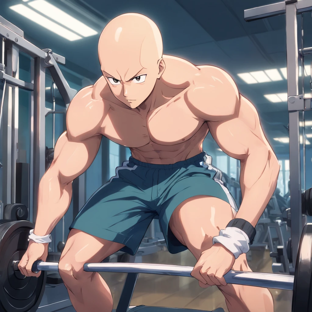 Saitama ((careca)), Um homem de soco, masculino, Working out intensely in a bodybuilding gym, Well-defined and detailed muscles,