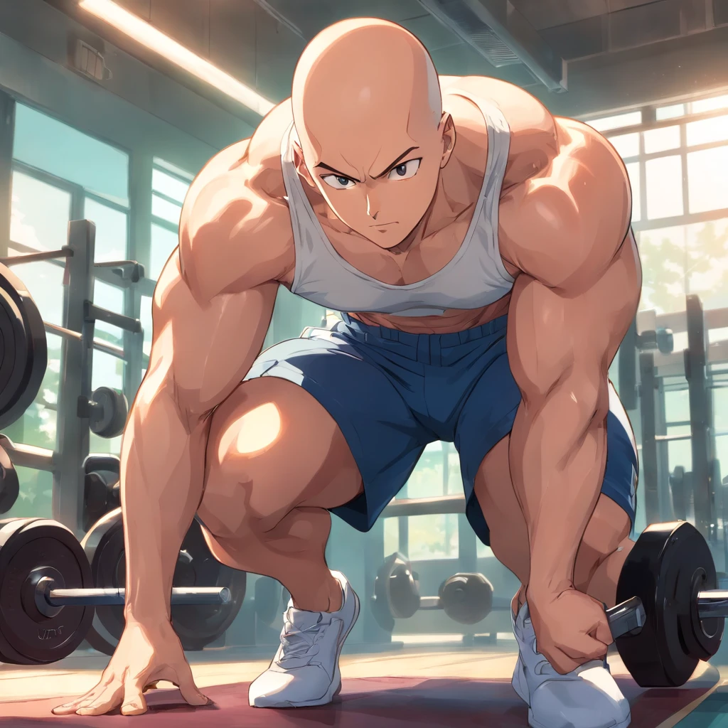 Saitama ((careca)), Um homem de soco, masculino, Working out intensely in a bodybuilding gym, Well-defined and detailed muscles,
