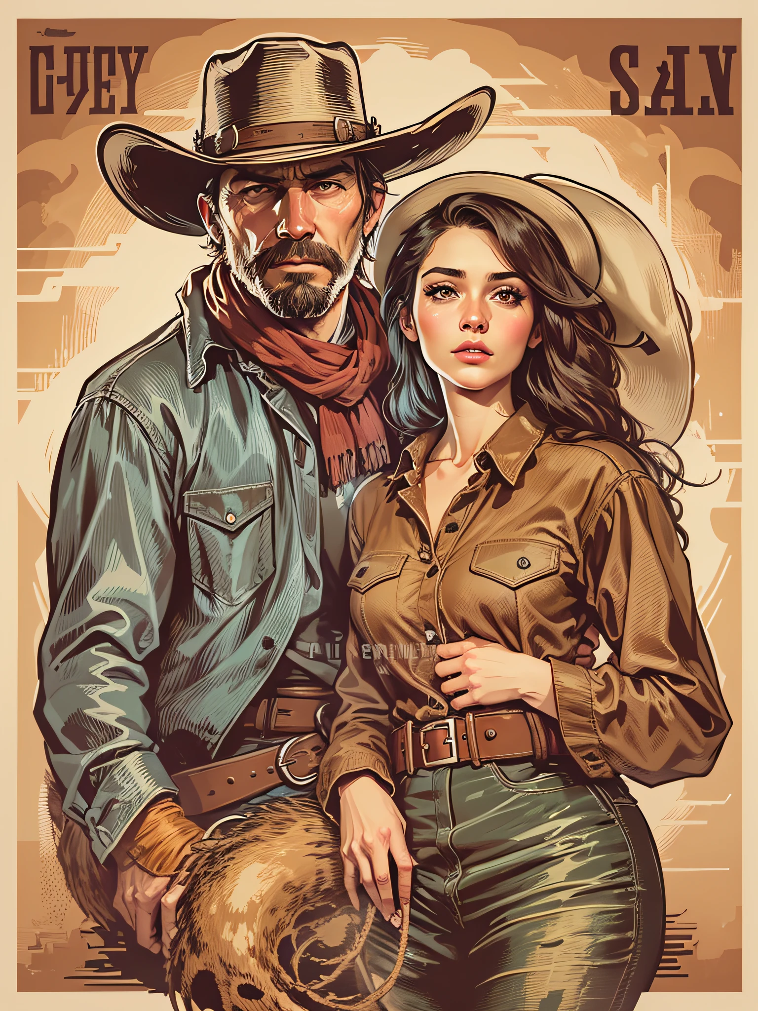 High quality design vector style image, t-shirt print style, graphic art of cowboy with a lady by his side white background realistic colors, american old west scene in salon, vector image.