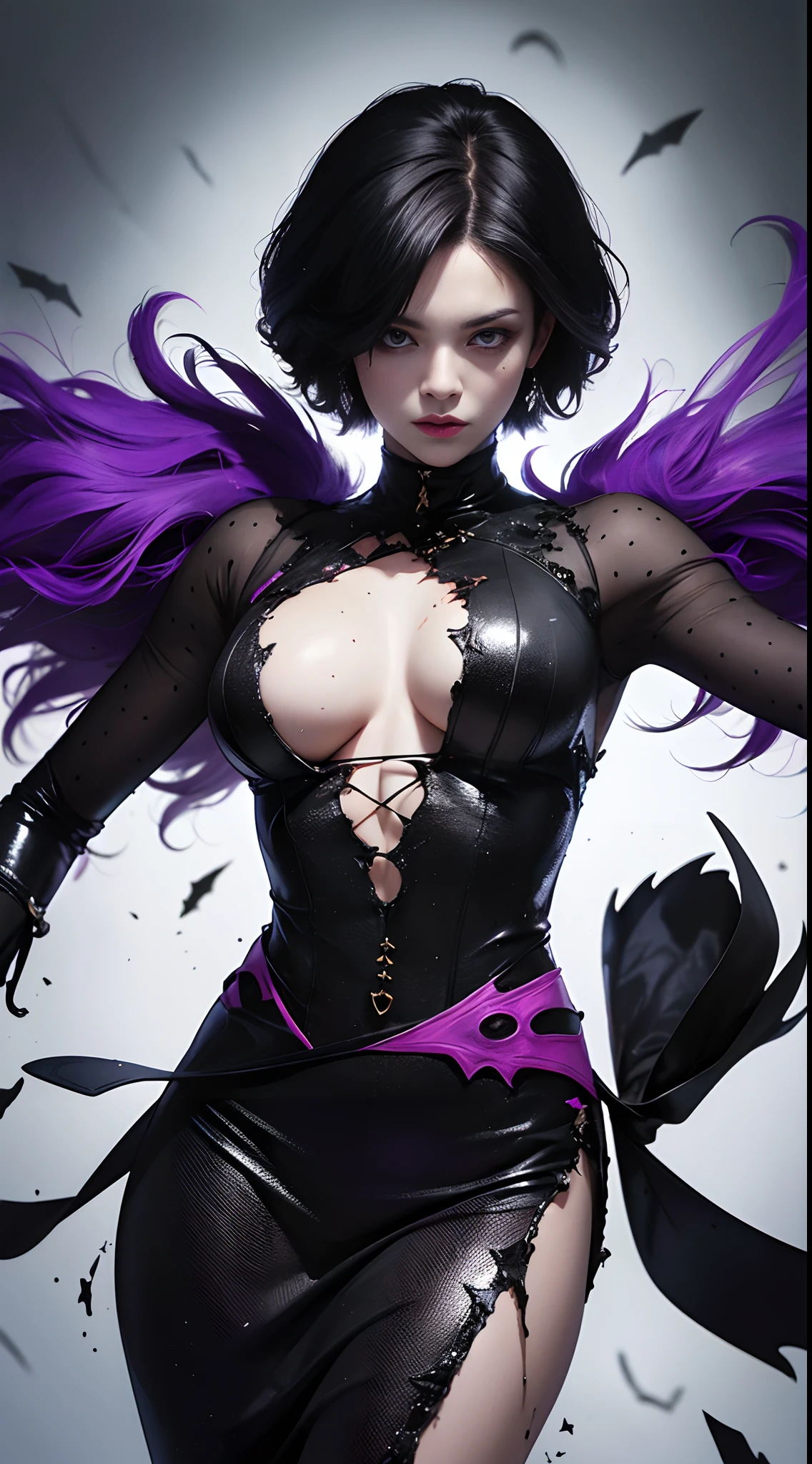 (Best Quality,4K,High resolution), Vampires,(Best Quality,4K,High resolution),Jet black hair on a black body, Body covered with hairs all over the body, transform,An abnormal,sharp eye,shining purple eyes,Facial expression enhancement,,Changing the Appearance of a Transform,beast,Beastification,buttle,Delicate illustrations drawn in detail,Realistic skin texture expression,Realistic portrayal,Vibrant colors,expresive,Classic background(Best Quality,4K,High resolution), Comical appearance,(Best Quality,4K,High resolution), 18yo woman, Purple highlights on black hair, Bery short hair, Short-haired hair, disheveled short hair,Cool Woman,Vampire,Cold eyes ,sharp eye,Intricately decorated ripped clothes,comic strip,animesque,Comical illustration,busy,Deformed cute illustration,Full body projection,Fighting,Halloween,Dark worldview