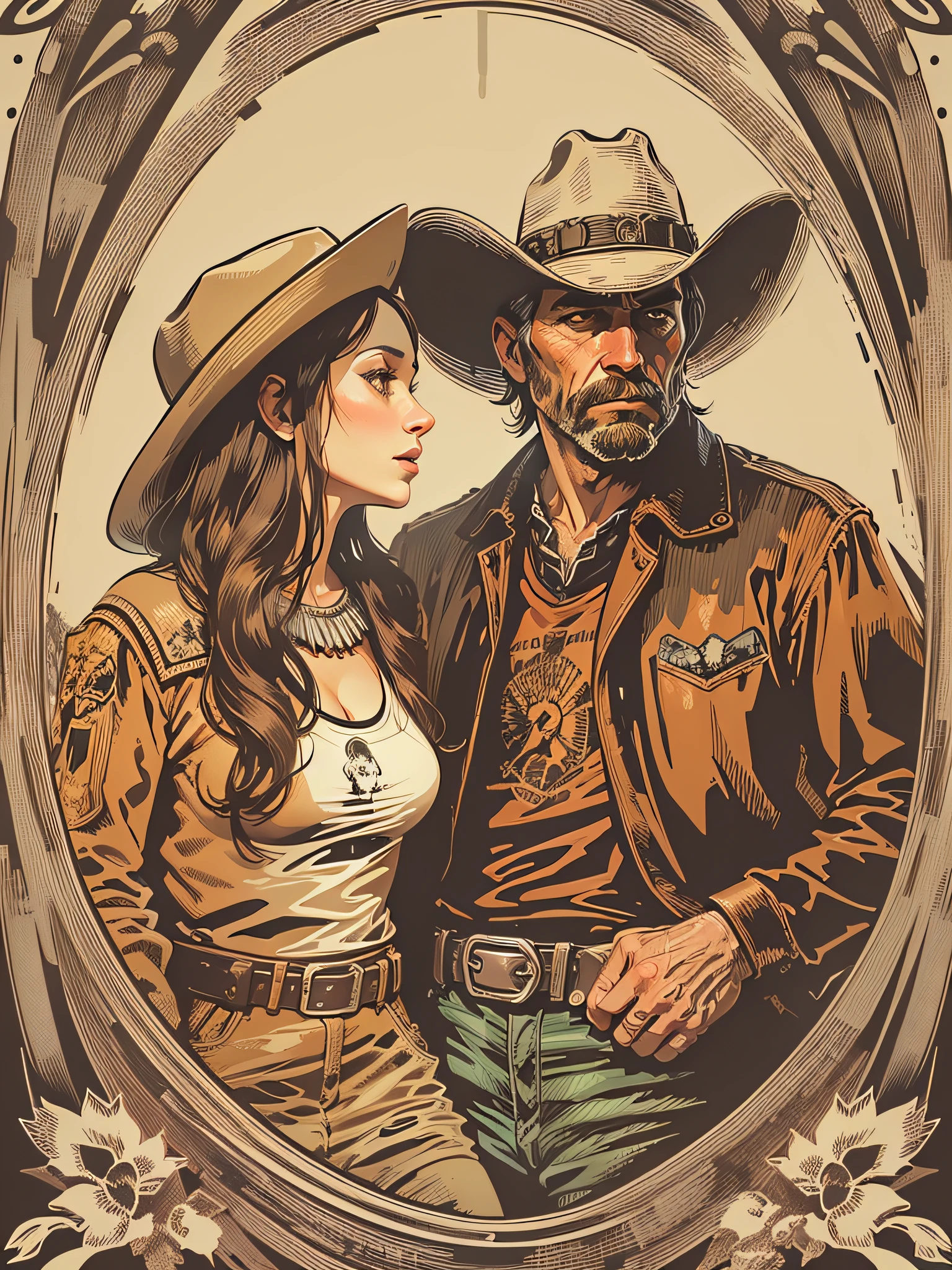 High quality design vector style image, t-shirt print style, graphic art of cowboy with a lady by his side white background realistic colors, american old west scene in salon, vector image.