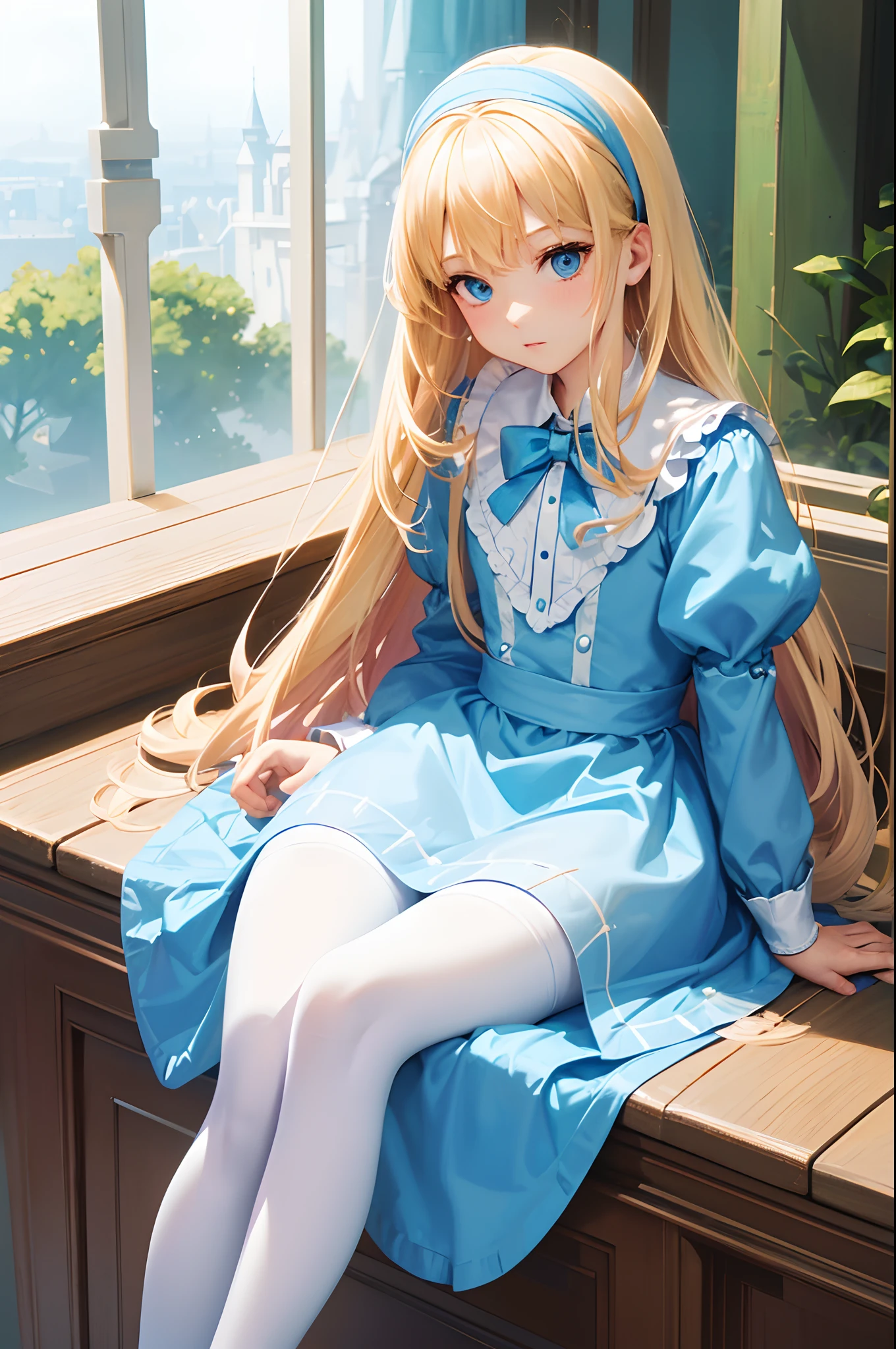 best quality, illustration, highres, disney princess, Alice in wonderland,white tights, sitting, blonde hair, blue alice dress,(((mythical being with flat featureless face)))