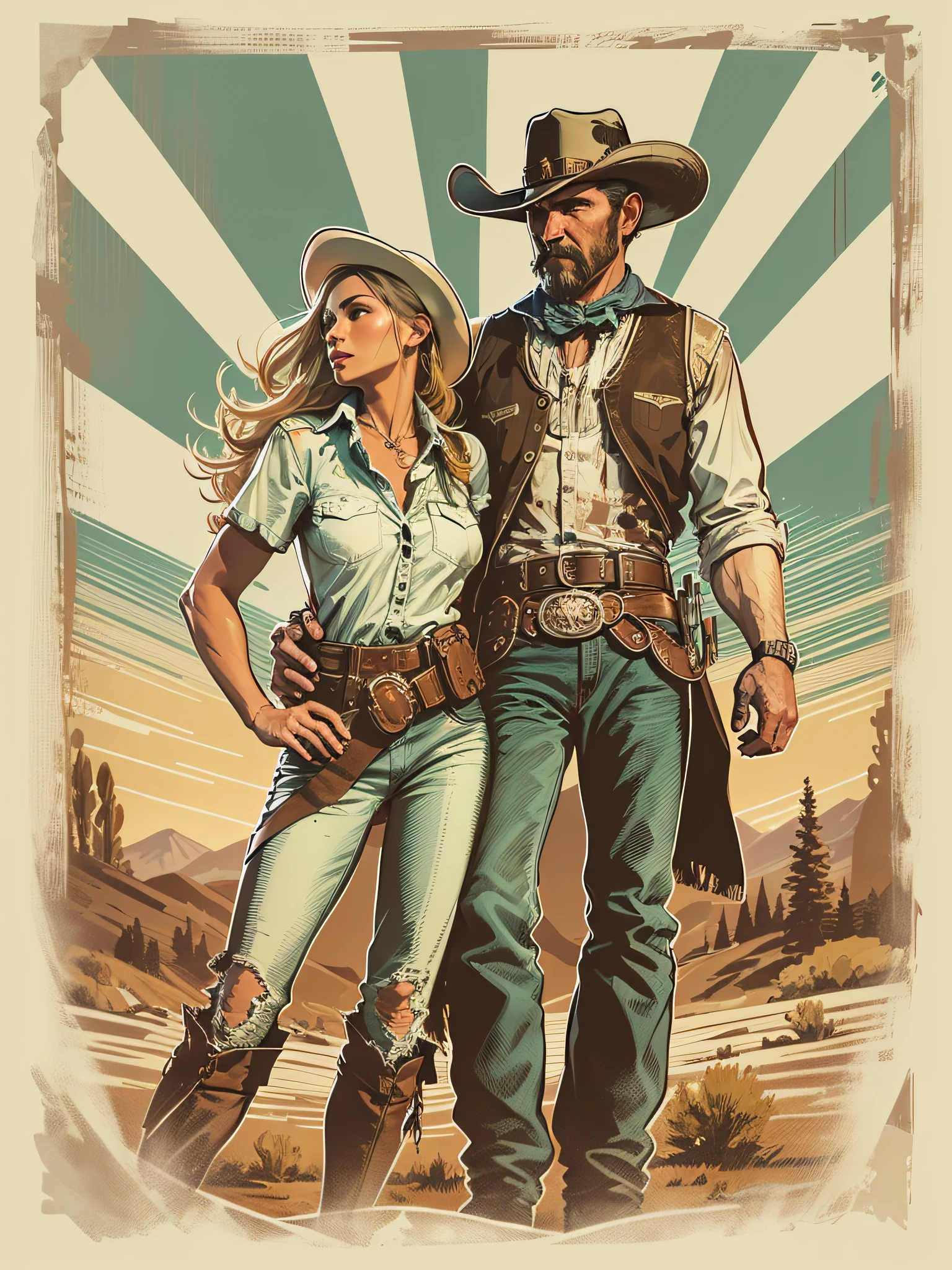 High quality design vector style image, t-shirt print style, graphic art of cowboy with a lady by his side white background realistic colors, american old west scene in salon, vector image.