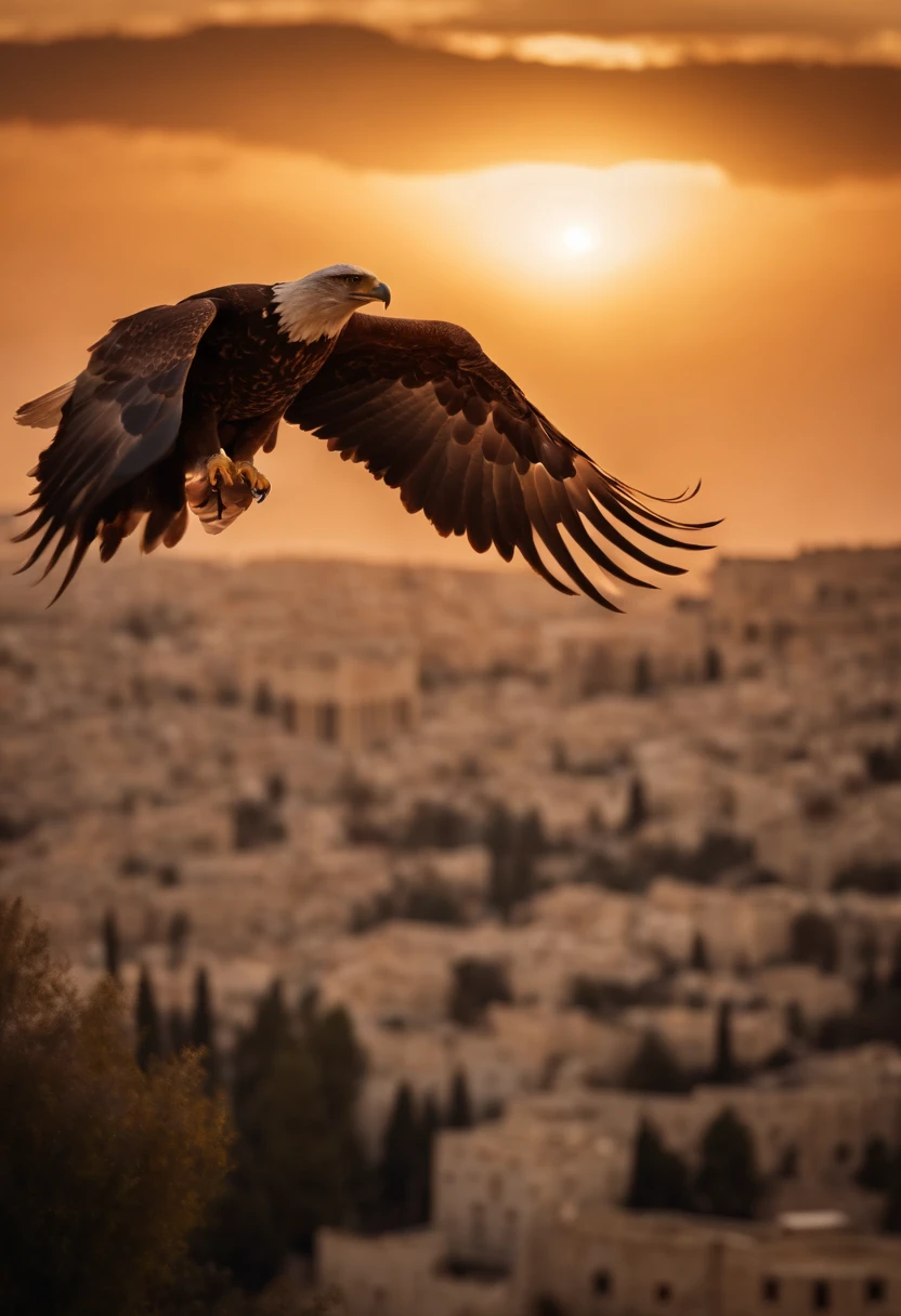 city of Jerusalem in the afternoon with sunset and an eagle flying overhead