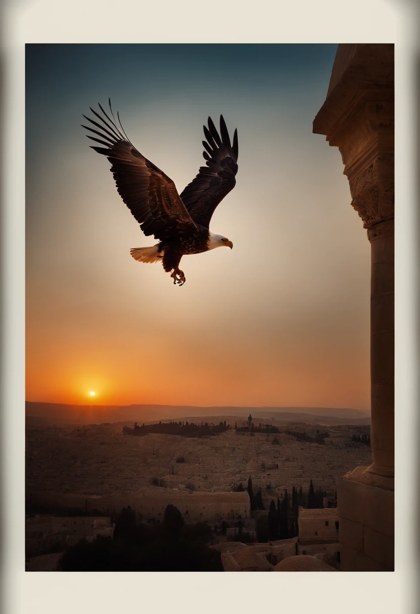 city ​​of Jerusalem in the afternoon with sunset and an eagle flying overhead