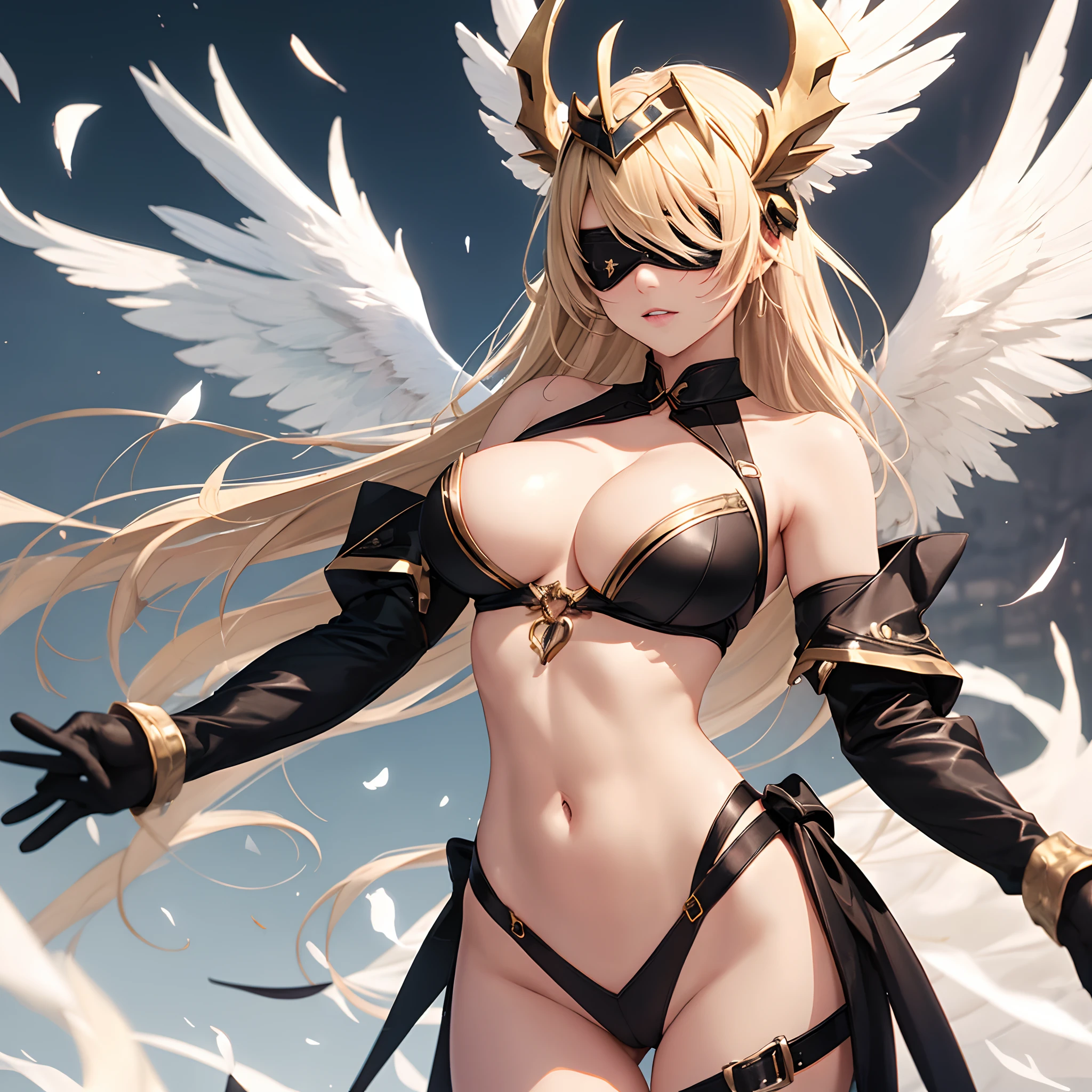 (masterpiece, best quality), (cowboy shot) angewomon, covered eyes, blonde hair, (covered eyes:1.7), long hair,
angel wings, bare shoulders, elbow gloves, feathered wings, gloves, head wings, helmet, navel, pink ribbon, ribbon, single elbow glove, single glove, thigh strap, wings, adult, big chest, cleavage, full body chest, Grab your own breasts, One girl, white and gold clothes,sexy