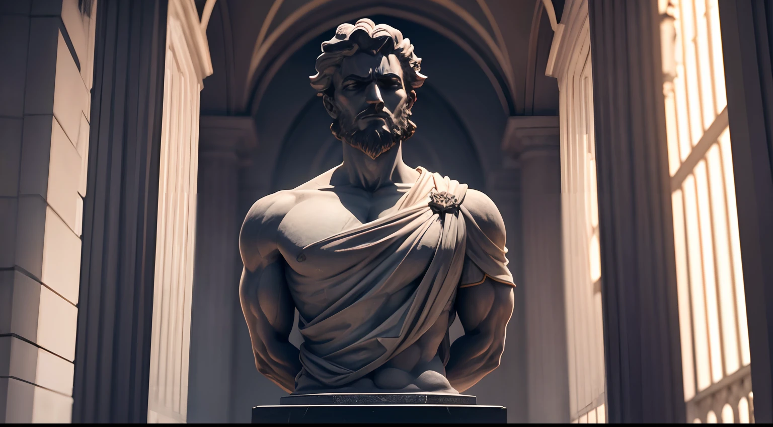 Stoic statue, with an expression of anger, usando manto e tunica longo sobre todo o corpo, rosto definido, Noite escura, fundo grego antigo do templo, 35 mm, lateralmente, Filmado em Sony A7S III com Sony FE 35mm f/1.8, 12.1 MP, --AR 3:2 --estilo cru