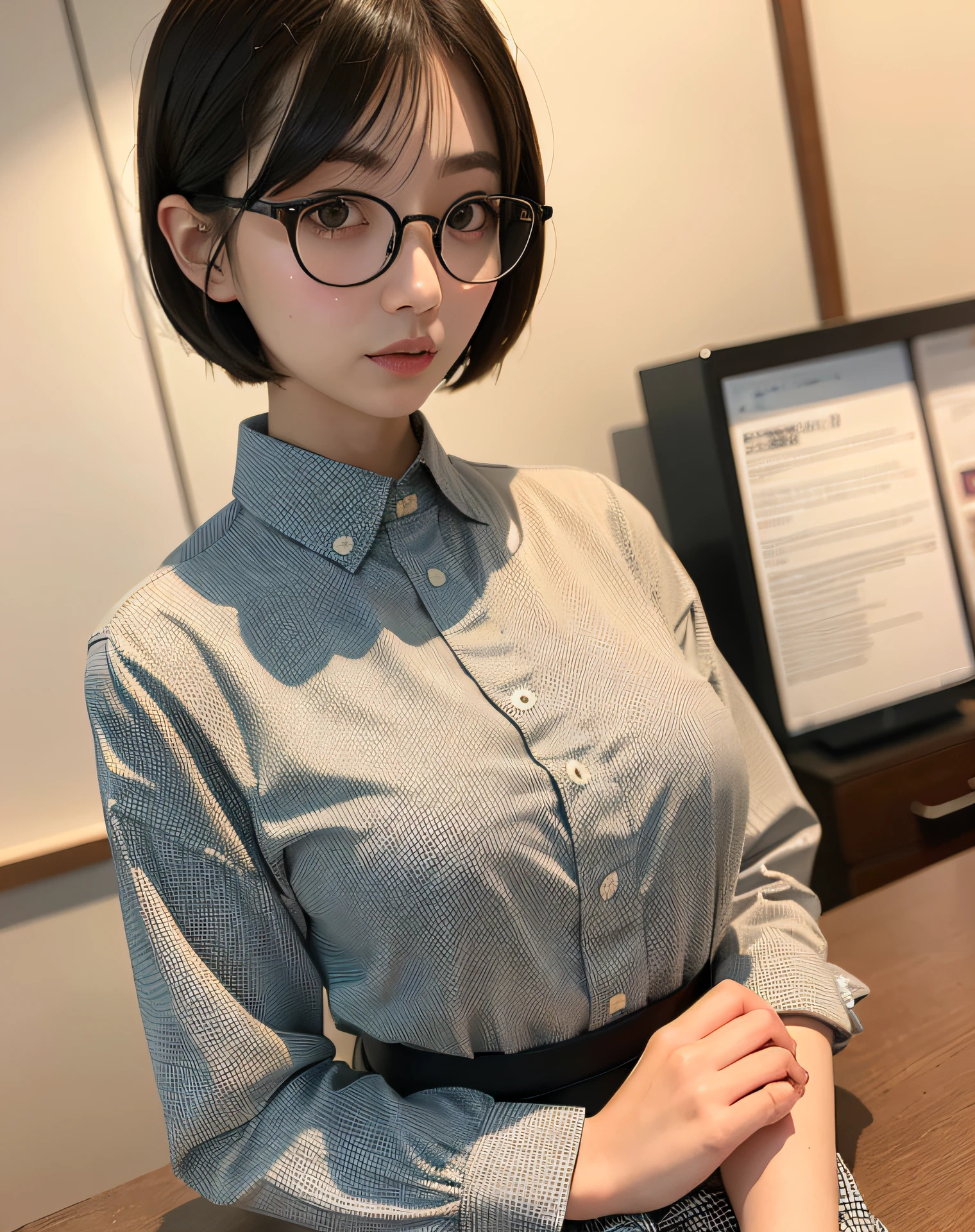 top-quality、A Japanese Lady、Beautiful shape、Large round glasses、Double eyelids、long lashes、(Slender eyes)、(Narrow-eyed)Short bob hair、Brown checked shirt