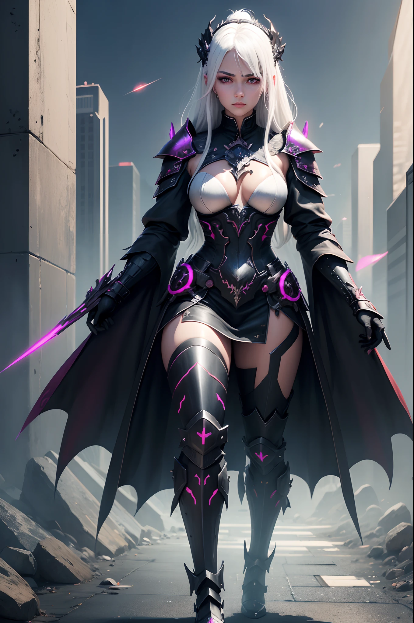 Frauen, Gesicht, White hair, Armor of the Black Dragon, Maske, Rote Augen, High quality, super detailliert, Super Holy Armor, vorderseite, Helles Bild, vorderseite, 4 Drachenflügel, mehr vorne, black armor, Roter-Kupfer Verzierung, Cyberpunk, Neon, metallisch, fullbody view