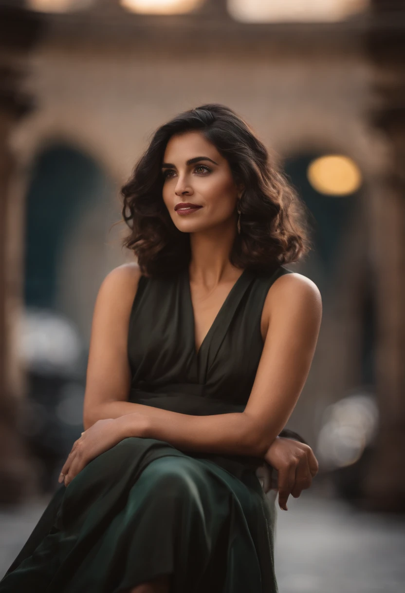 A woman in a green dress sitting on a bench - SeaArt AI