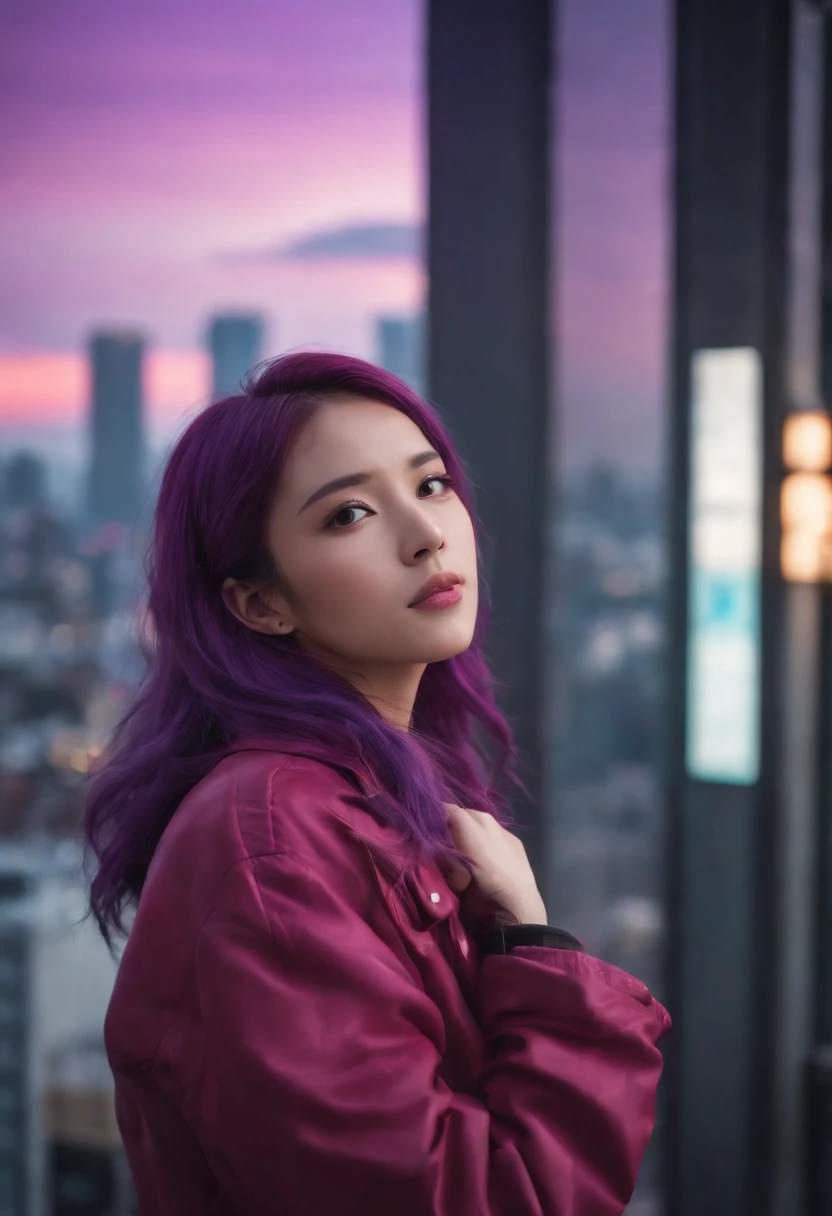 Close-up of the city with neon sunset in the background, Synthwave City, vaporwave city, Synthwave aesthetics, Neon City in the background, Background of Neo Tokyo, Neon metropolis in the background, Futuristic urban background, cyberpunk aesthetics, The city's backstory is cyberpunk, Purple Cyberpunk City, cyberpunk city background, cyberpunk aesthetics, cyberpunk atmosphere, Cyberpunk cityscape,anime clouds, Anime background, anime sky, in style of makoto shinkai, Beautiful puffy clouds. the anime, style of makoto shinkai, makoto sinkai!, beautiful anime scenery, based on Makoto Shinkai, Anime Landscape Wallpaper, makoto sinkai!!, Makoto Shinkai art style,japanaese girl,pale skin,beatiful face(purple hair)red jacket,Tokyo at night, with Cyberpunk style,Japanese streetwear,Tokyo Fashion,In a Cyberpunk 2 jacket 0 7 7,Full-length,attractive pose,Bottom view