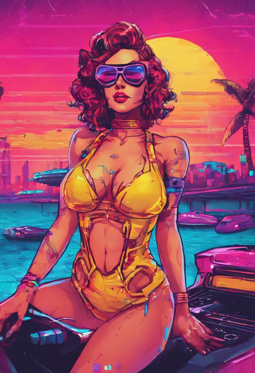 beautiful woman, Swimsuit from the 40s, en la playa, cyberpunk, Detallado, Year 30 old woman, piel tatuada, cara delicada, Gafas de sol, cabello plateado, cuerpo completo, bonitas piernas, cyber implants, Ciberpunk, Blade runner, retro futurista, Ultra HD 4K, pintura digital, por chefede