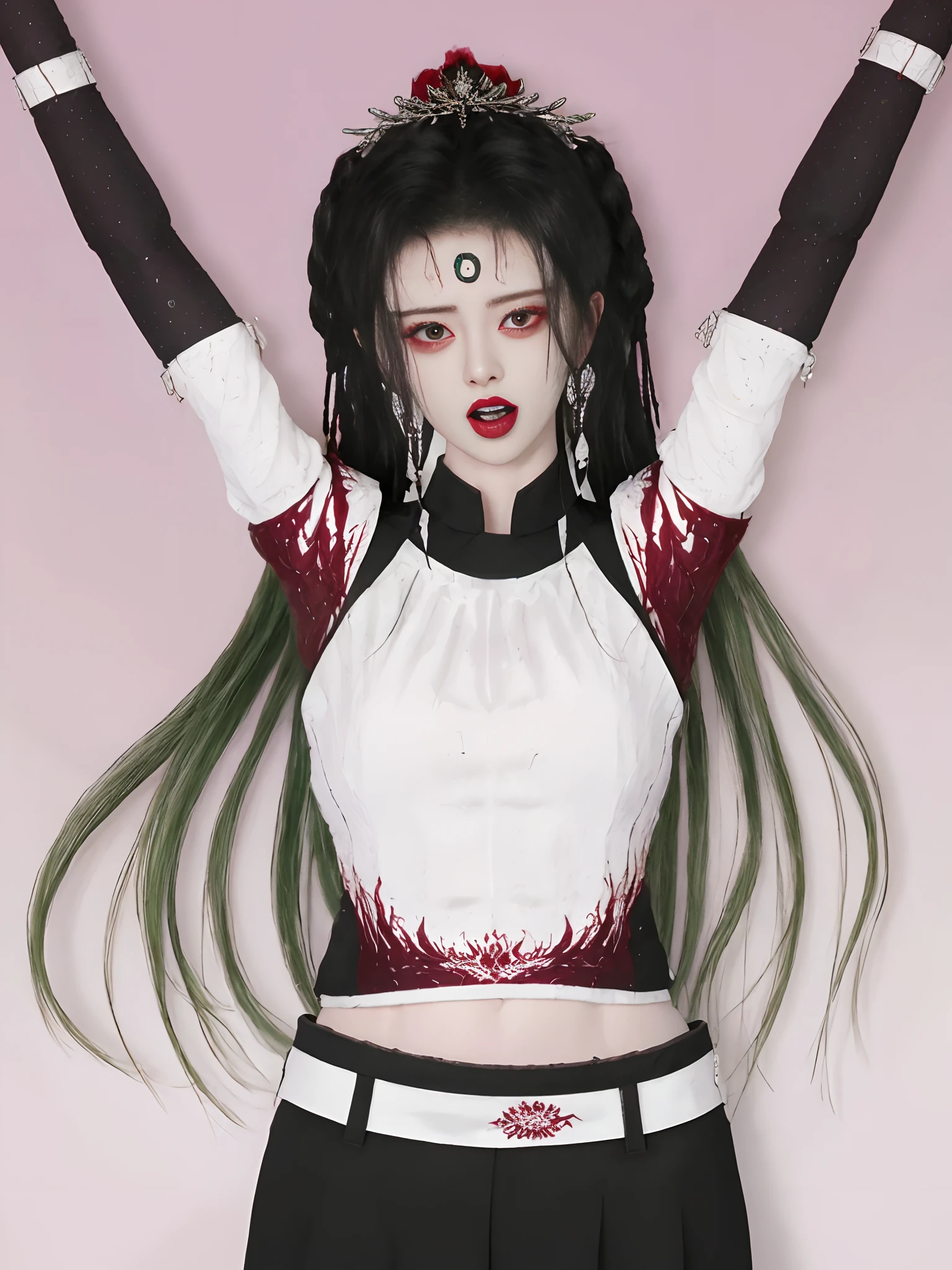 tmasterpiece, Best quality at best, 1girll, 独奏, teardrop, Be red in the face, dreads, scream, and the tongue sticks out, laughingly, with her mouth open, roll eyes, head looking up, full bodyesbian, Armpits, Arms up, (Torso grab, Tickle, mitts, Intangible limbs:1.2), TKL