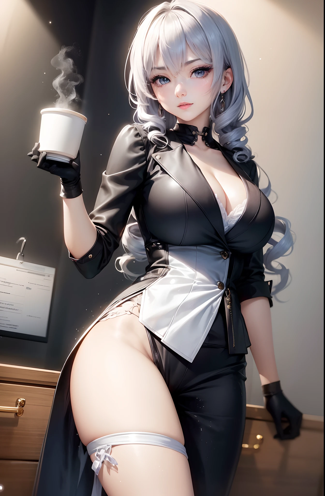 (masutepiece: 1.3), (max resolution: 1.2), (Ultra HDTV: 1.2), cinematric light, Detailed eyes and skin, detailed facial features, Resolution in 8K, Perfect Style, Beautiful face, acurate, Anatomically correct, Highly detailed facial and skin texture, Detailed eyes, 二重まぶた, tthin eyebrows, Glitter Eyeliner: 1.2, Natural cheeks, shinny skin, Fair skin: 1.2, Shiny little necklace, (Glossy lips: 1.4), (State-of-the-art clothing:1.2)、 (mischievous look: 1.2),Little Devil Woman , Highly detailed facial and skin texture, Detailed eyes, large shiny earrings, shiny lips: 1.4,Exposed cleavage,Full-body angle of view,Beautiful eyes, long, A sexy,Have sex appeal,Dynamic angle of view,Pose Seductive,Physical beauty,long legged,beauty legs,Thin leg。