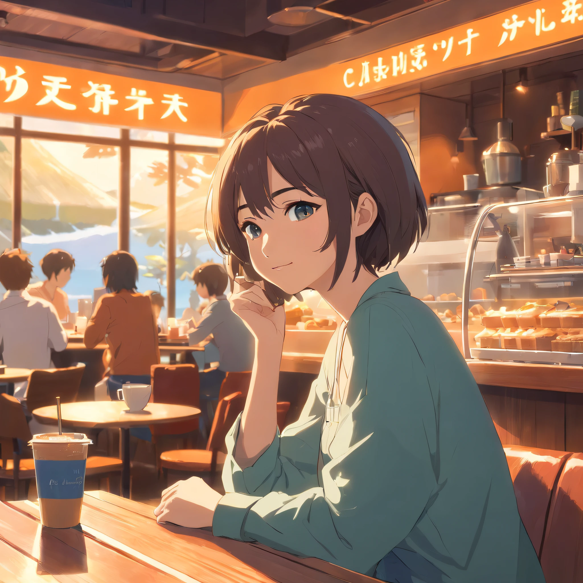 Beautiful woman relaxing in café, Cozy and cozy atmosphere, Daytime Cafe