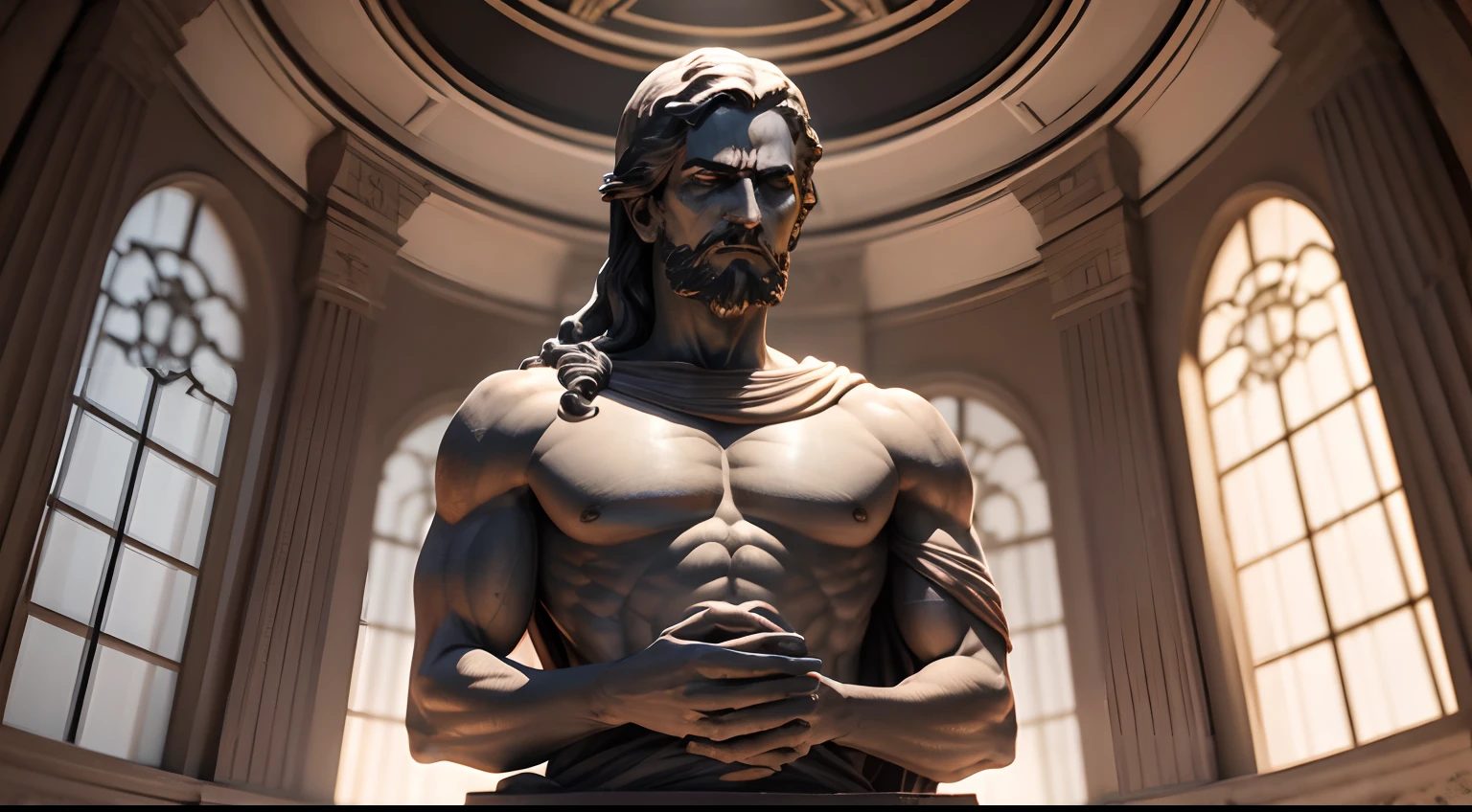 Stoic statue, with an expression of anger, usando manto e tunica longo sobre todo o corpo, rosto definido, Noite escura, fundo grego antigo do templo, 35 mm, lateralmente, Filmado em Sony A7S III com Sony FE 35mm f/1.8, 12.1 MP, --AR 3:2 --estilo cru