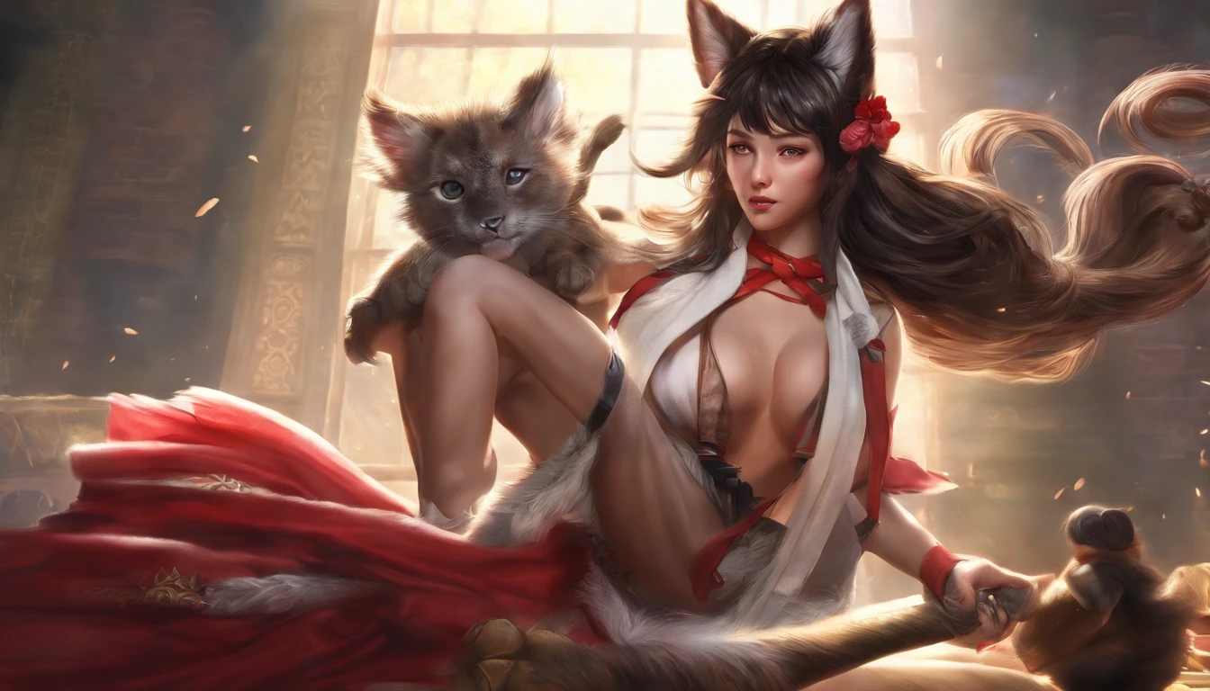 Ahri de League of Legends, foto do corpo todo, perfect hands, cabelos pretos e longos, nine fox tails on the tailbone, orelhas de raposa pretas, roupa de samurai vermelha, papel de parede, fundo em Iona, rosto sexy oriental, cabelos pretos escuros, imagem horizontal, celular