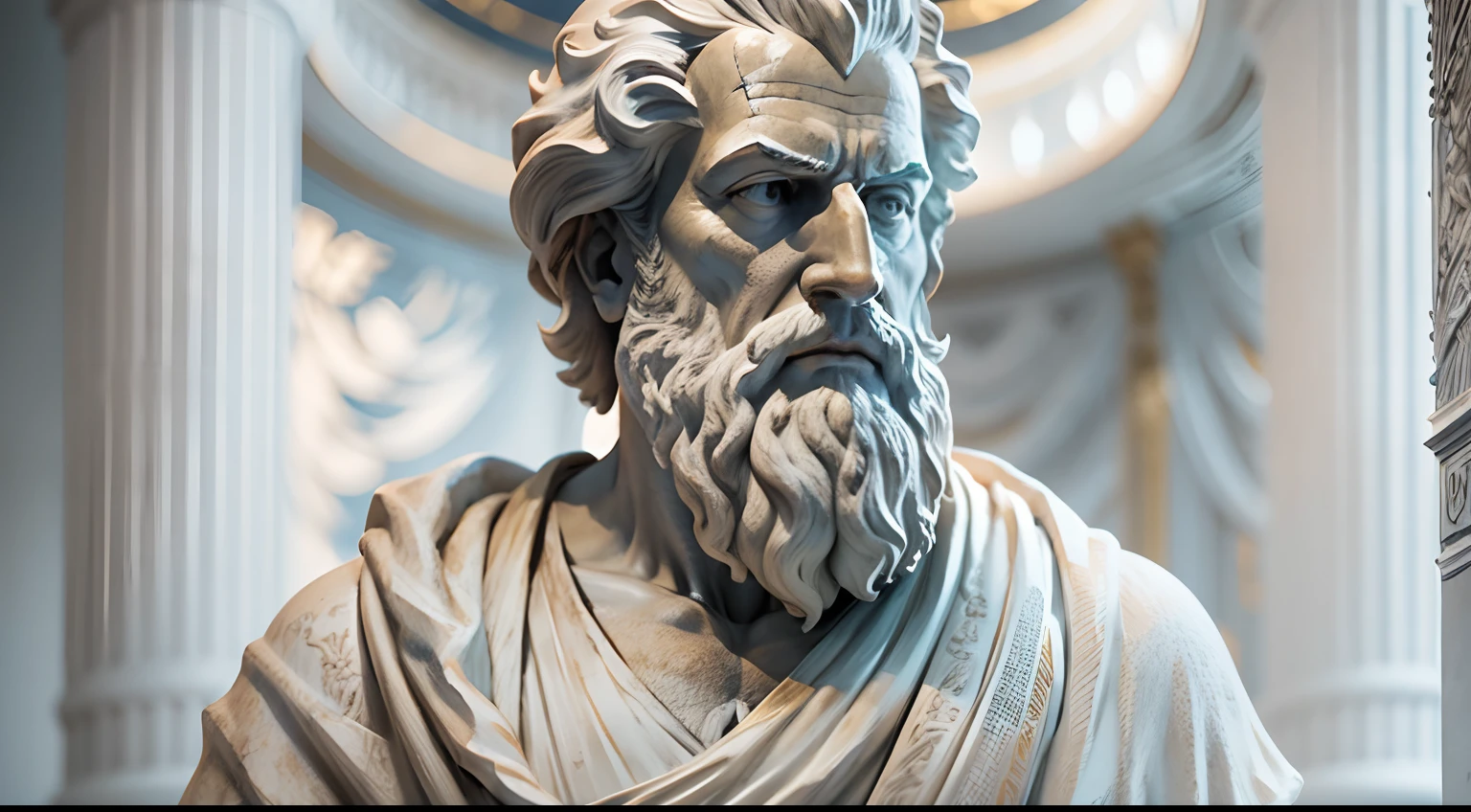 a realistic of bust greek white marble statue of aristoteles philosopher wearing a ghostly toga, neutral background, moody, stoic , photorealistic, cinematic scene, super detailed, hyper realistic, bright lights, 8 k