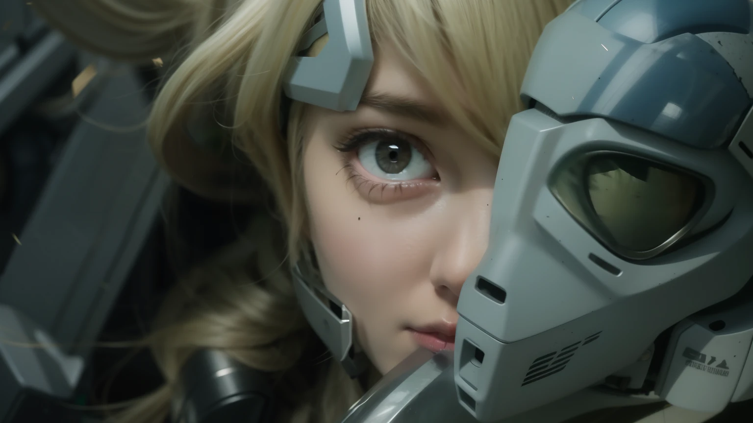 girl, blond hair, face, helmet broken