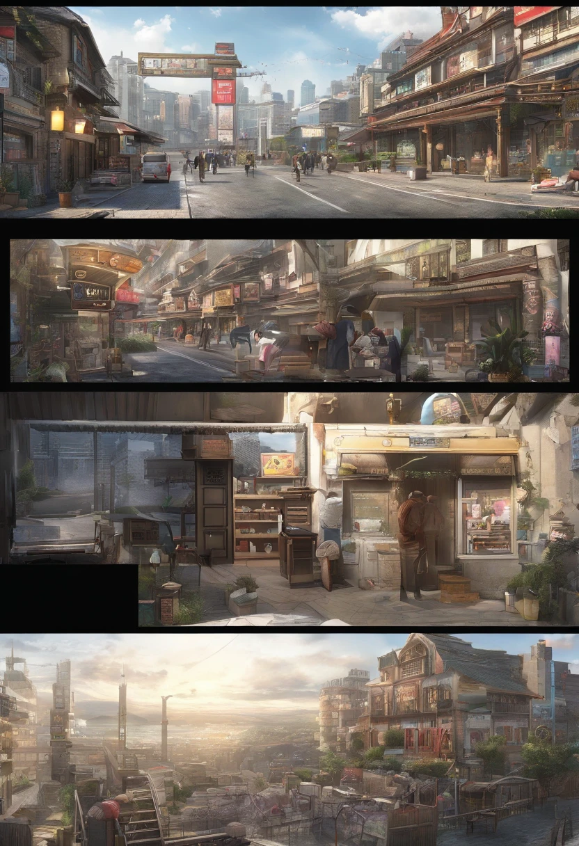 (((Comic storyboard))),comic strip,Two-dimensional picture,Manhwa Style,Makoto Shinkai animation style,Makoto Shinkai animation film art style,Ultra-wide angle of view,China-style,a town with beautiful scenery,Faraway view,Vivid and bright colors,super-fine,ultra - detailed,high qulity,8K ,oc rendered,dynamic viewing angle,Hyper Real,Ultra photo realsisim