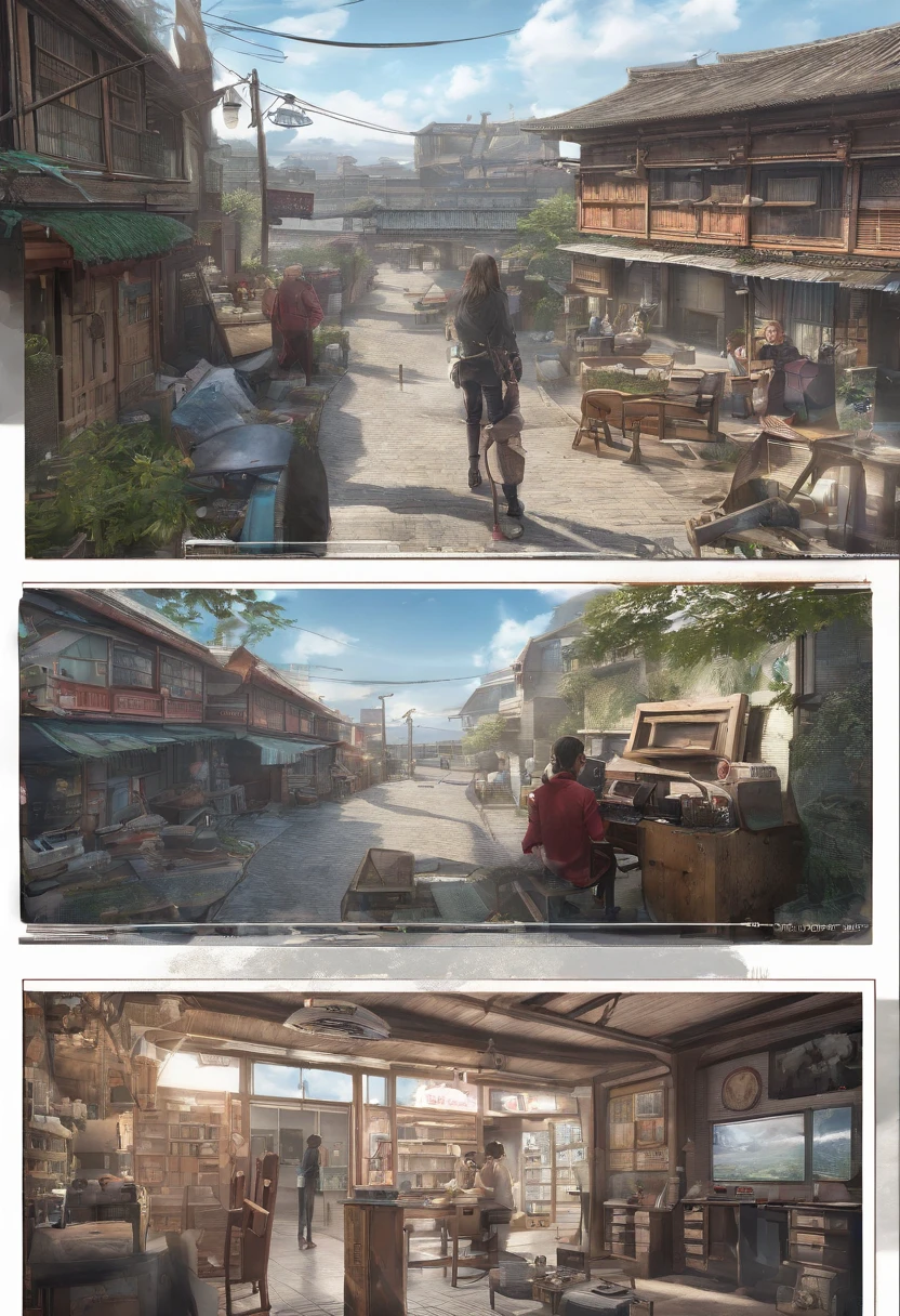 (((Comic storyboard))),comic strip,Two-dimensional picture,Manhwa Style,Makoto Shinkai animation style,Makoto Shinkai animation film art style,Ultra-wide angle of view,China-style,a town with beautiful scenery,Faraway view,Vivid and bright colors,super-fine,ultra - detailed,high qulity,8K ,oc rendered,dynamic viewing angle,Hyper Real,Ultra photo realsisim
