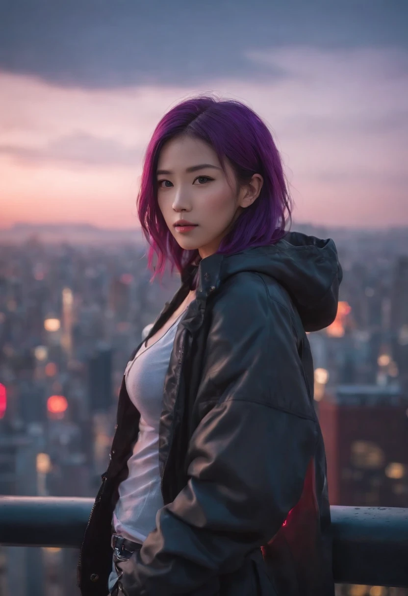 Close-up of the city with neon sunset in the background, Synthwave City, vaporwave city, Synthwave aesthetics, Neon City in the background, Background of Neo Tokyo, Neon metropolis in the background, Futuristic urban background, cyberpunk aesthetics, The city's backstory is cyberpunk, Purple Cyberpunk City, cyberpunk city background, cyberpunk aesthetics, cyberpunk atmosphere, Cyberpunk cityscape,anime clouds, Anime background, anime sky, in style of makoto shinkai, Beautiful puffy clouds. the anime, style of makoto shinkai, makoto sinkai!, beautiful anime scenery, based on Makoto Shinkai, Anime Landscape Wallpaper, makoto sinkai!!, Makoto Shinkai art style,japanaese girl,pale skin,beatiful face(purple hair)red jacket,Tokyo at night, with Cyberpunk style,Japanese streetwear,Tokyo Fashion,In a Cyberpunk 2 jacket 0 7 7,Full-length,attractive pose,Bottom view