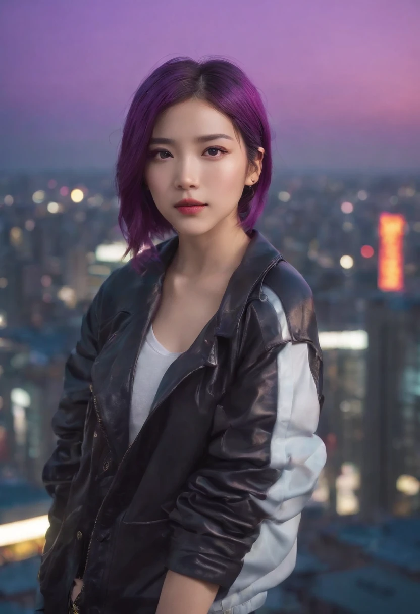 Close-up of the city with neon sunset in the background, Synthwave City, vaporwave city, Synthwave aesthetics, Neon City in the background, Background of Neo Tokyo, Neon metropolis in the background, Futuristic urban background, cyberpunk aesthetics, The city's backstory is cyberpunk, Purple Cyberpunk City, cyberpunk city background, cyberpunk aesthetics, cyberpunk atmosphere, Cyberpunk cityscape,anime clouds, Anime background, anime sky, in style of makoto shinkai, Beautiful puffy clouds. the anime, style of makoto shinkai, makoto sinkai!, beautiful anime scenery, based on Makoto Shinkai, Anime Landscape Wallpaper, makoto sinkai!!, Makoto Shinkai art style,japanaese girl,pale skin,beatiful face(purple hair)red jacket,Tokyo at night, with Cyberpunk style,Japanese streetwear,Tokyo Fashion,In a Cyberpunk 2 jacket 0 7 7,Full-length,attractive pose,Bottom view
