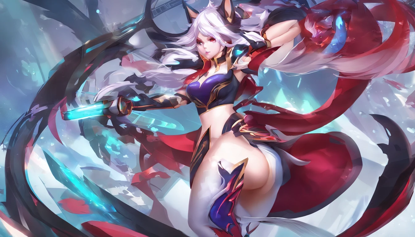 Ahri de League of Legends, foto do corpo todo, perfect hands, cabelos pretos e longos, nine fox tails on the tailbone, orelhas de raposa pretas, roupa de samurai vermelha, papel de parede, fundo em Iona, rosto sexy oriental, cabelos pretos escuros, imagem horizontal, celular