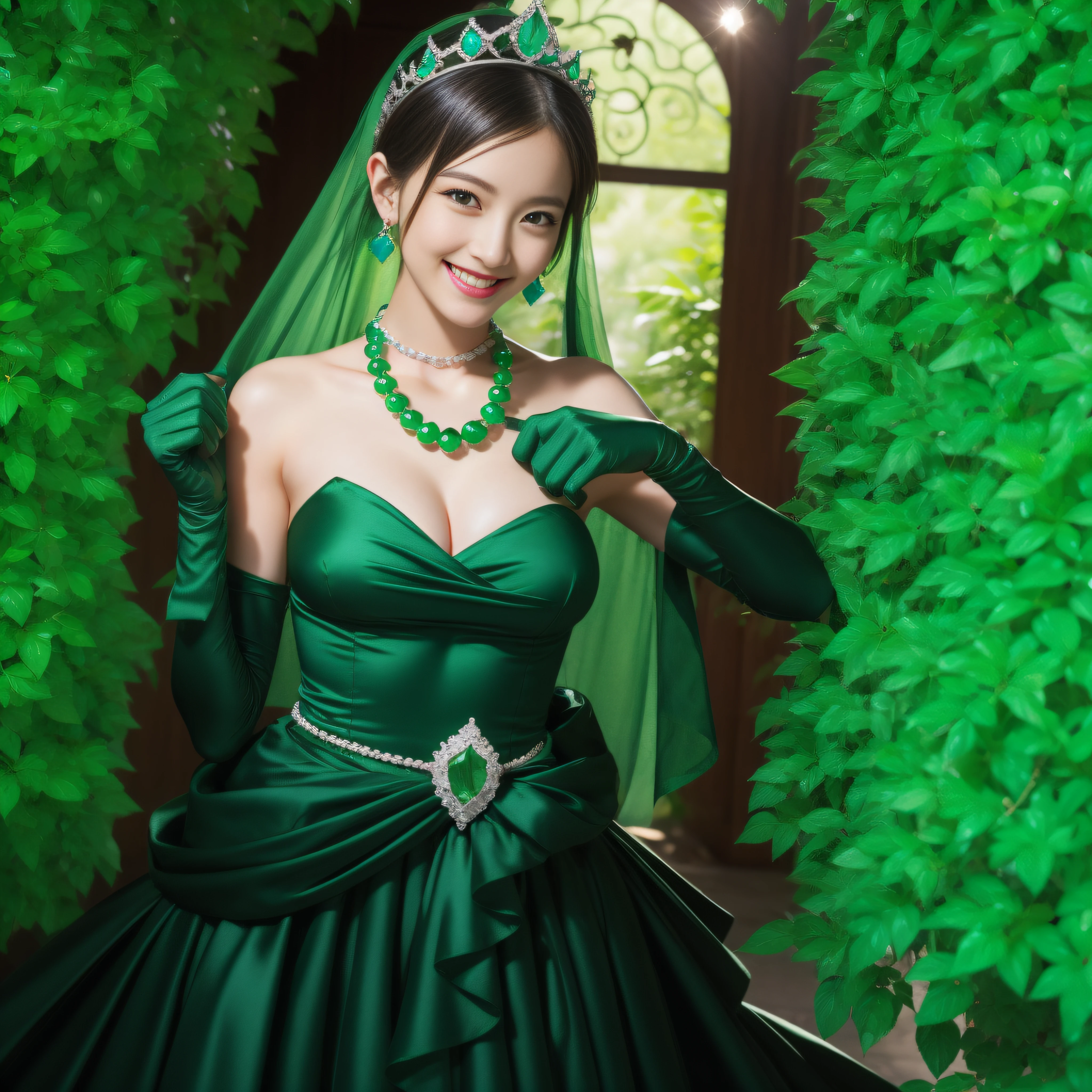 emerald tiara, Green Pearl Necklace, Boyish very short black hair, lipsticks, Japan woman smiling, very short short hair, fist,  beautiful, Green eyes, Long green gloves made of satin material, Green eyes, Emerald Earrings