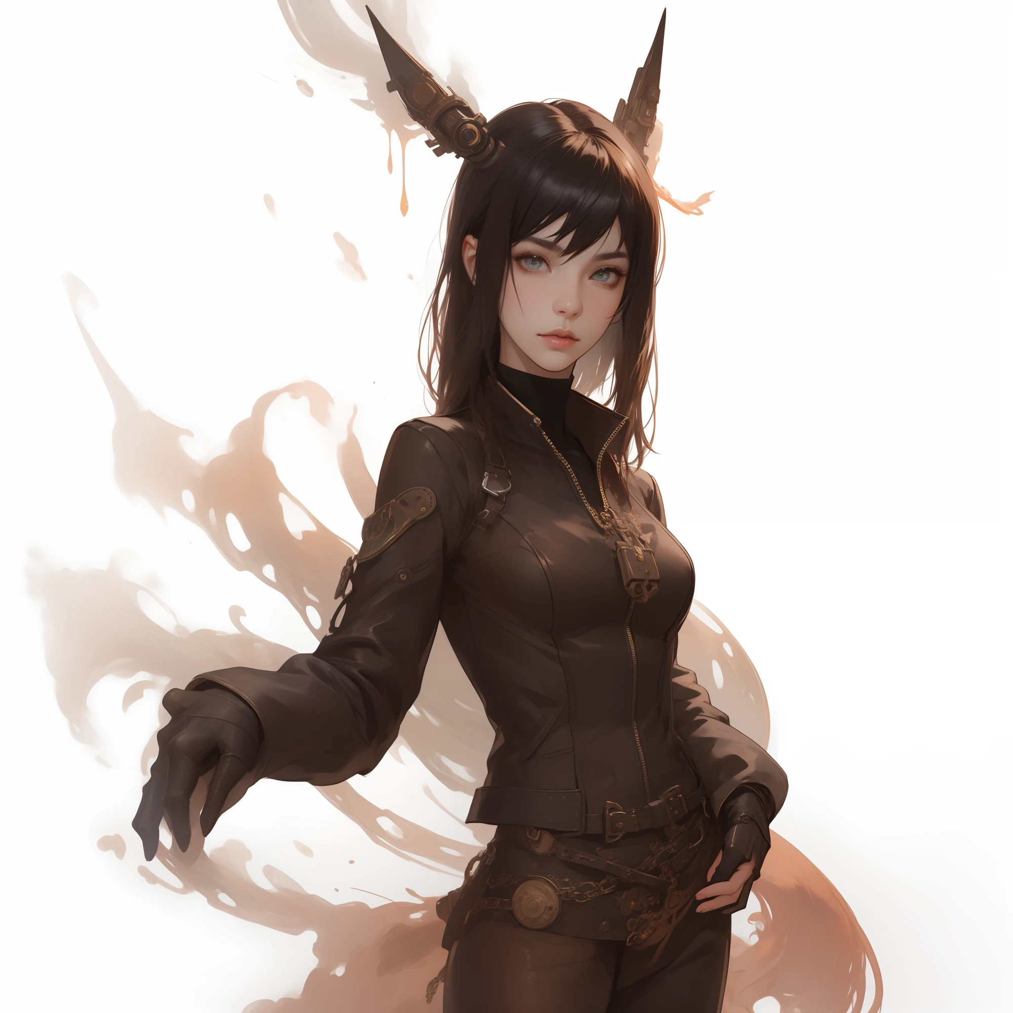 there is a woman in a leather jacket standing in a room, steampunk beautiful anime woman, portrait of lady mechanika, like lady mechanika, by Yang J, female cyberpunk anime girl, stunning character art, cyberpunk anime girl mech, high quality steampunk art, cyberpunk anime girl, steampunk fantasy style, steampunk concept art, wojtek fus