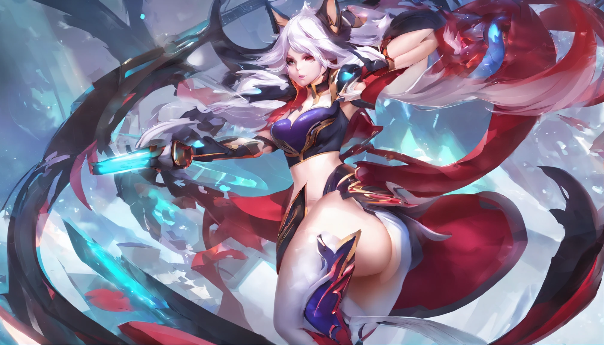 Ahri de League of Legends, foto do corpo todo, perfect hands, cabelos pretos e longos, nine fox tails on the tailbone, orelhas de raposa pretas, roupa de samurai vermelha, papel de parede, fundo em Iona, rosto sexy oriental, cabelos pretos escuros, imagem horizontal, celular