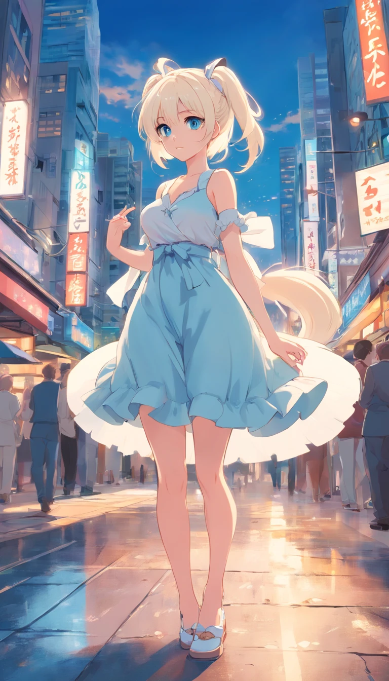 white color hair,double ponytail curls,blue color eyes,White ta,Beth,busy cityscape,Beast ears。Big breasts without shoes