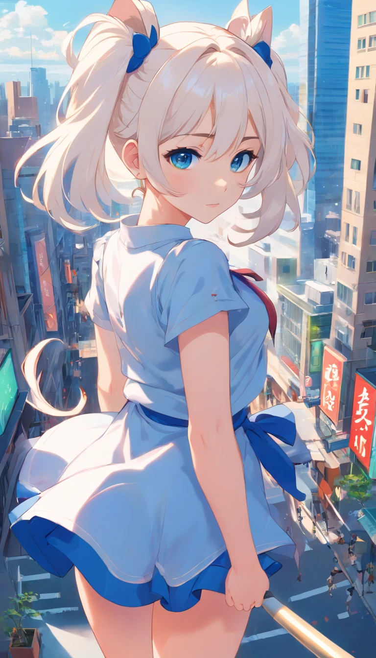 white color hair,double ponytail curls,blue color eyes,White Lolita,Beth,busy cityscape,Beast ears。Big breasts without shoes