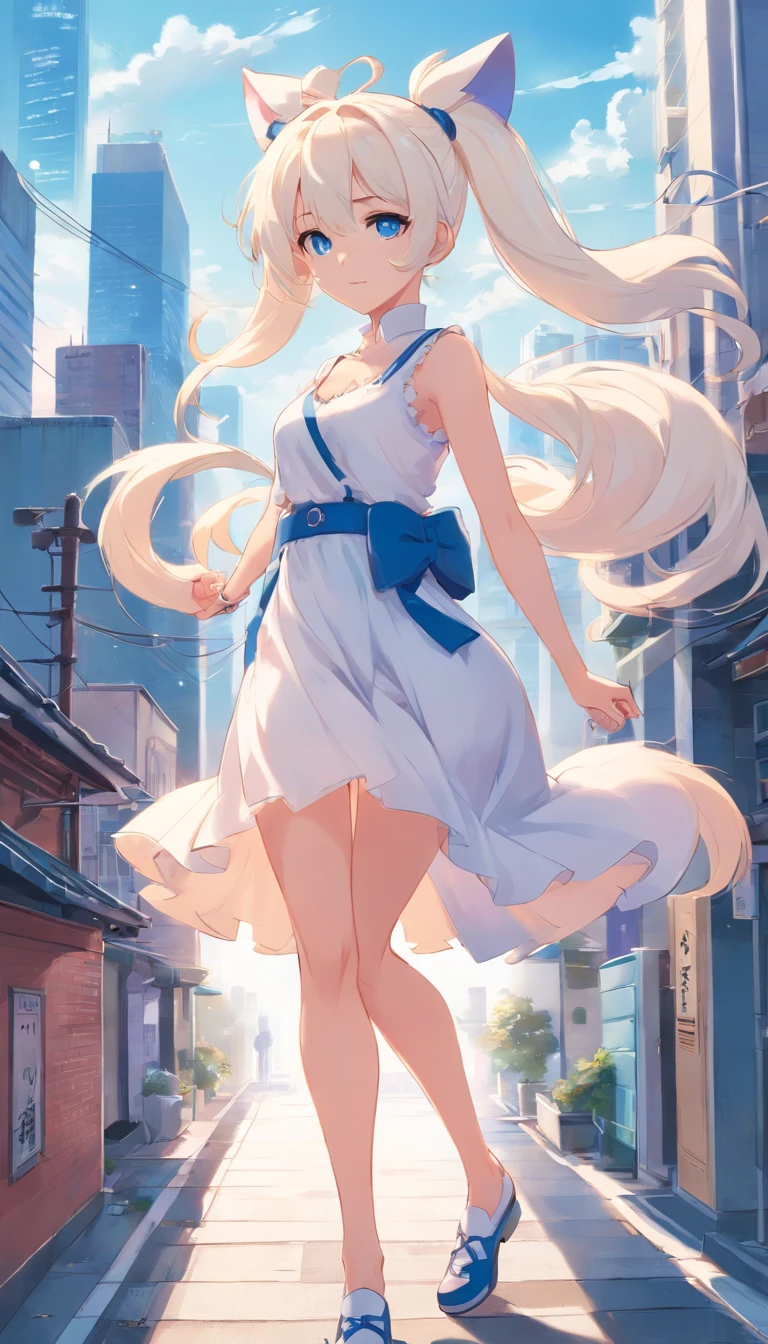 white color hair,double ponytail curls,blue color eyes,White Lolita,Beth,busy cityscape,Beast ears。Big breasts without shoes