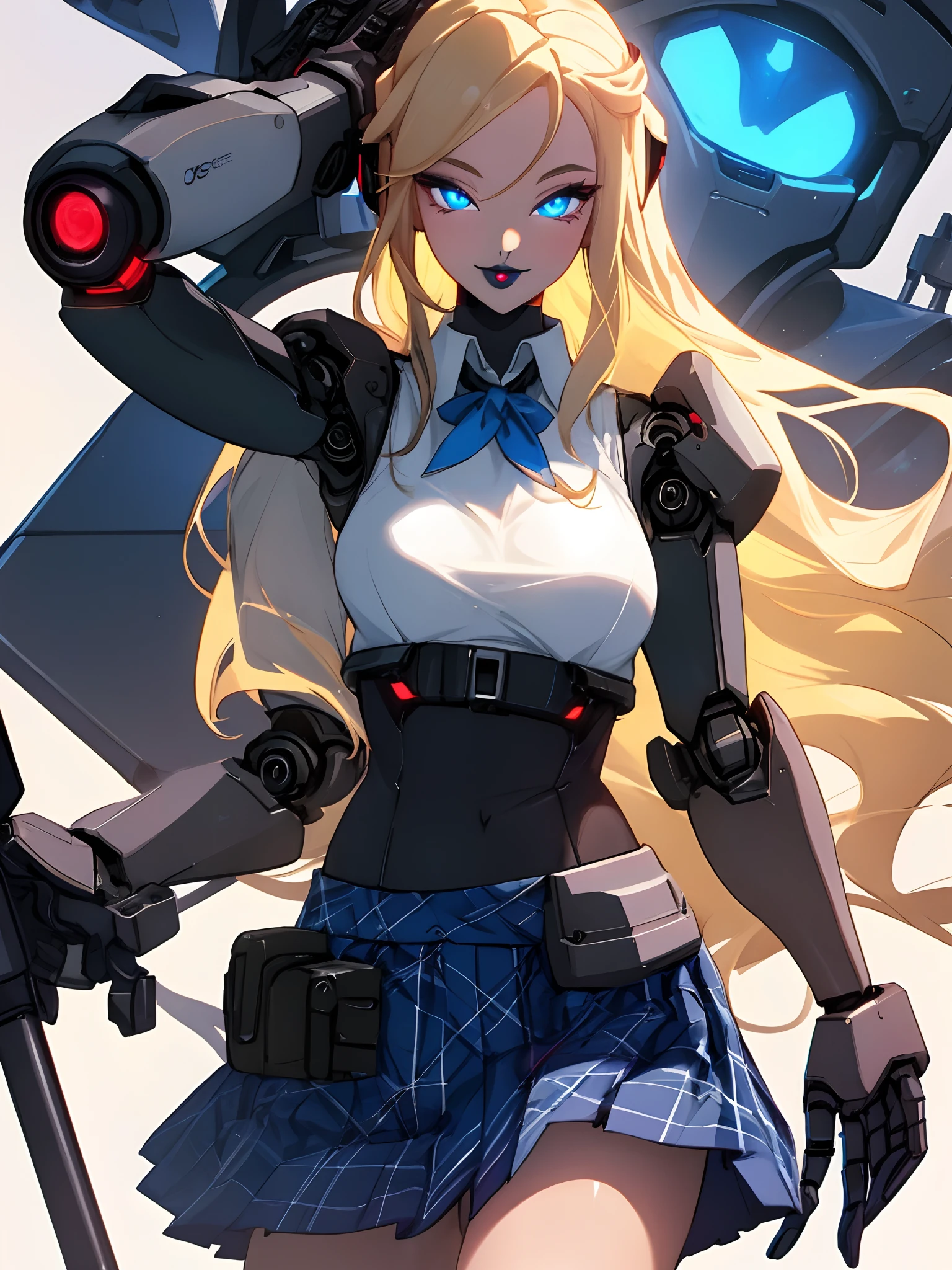 Sexy, female teacher, 1 robotic arm, white top,plaid skirt, long blonde hair, glowing blue eyes, black lipstick,