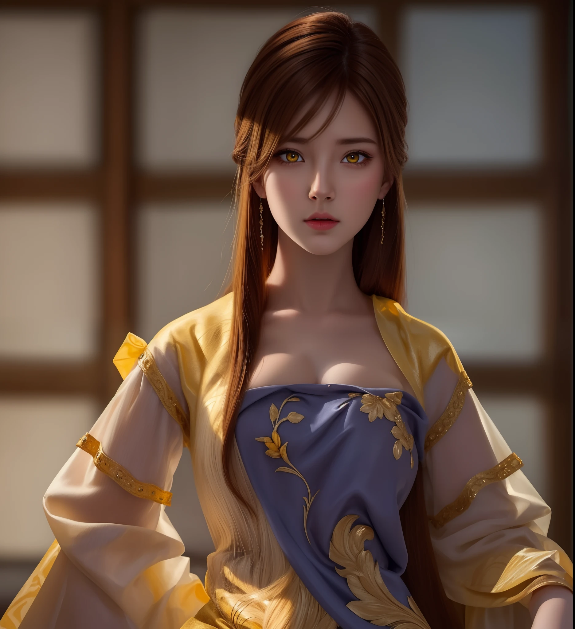(hyperrealistic), (illustration), (high resolution), (8K), (extremely detailed), (best illustration), (beautiful detailed eyes), (best quality), (ultra-detailed), (masterpiece), (wallpaper), (photorealistic), (natural light), (rim lighting), (detailed face), (high detailed realistic skin texture), (anatomically correct), (solo), (1 girl), (high detailed realistic hair), (caramel hair:1.35), (heterochromic eyes), (detailed eyes), (yellow eyes:1.37), (sparkling eyes), (realistic big breasts:1.5), (exposed nipples breasts:1.35), (long legs), (slender abs), (dynamic pose), (closed tiny mouth:1.3), nsfw, concentrated expression.