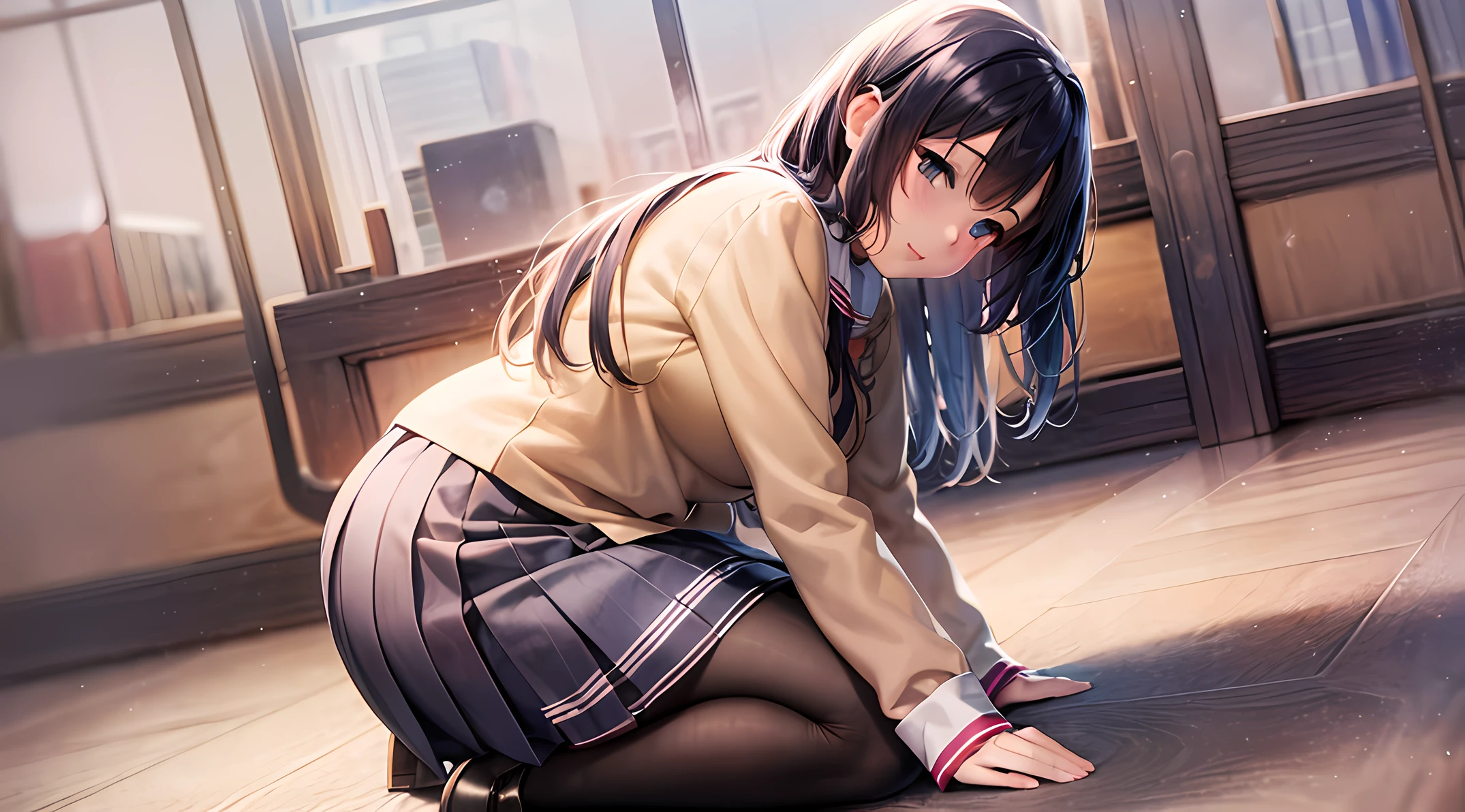 Anime images of women in skirts and men in shirts, Smooth Anime CG Art, visual novel cg, a hyperrealistic schoolgirl, the anime girl is crouching, Bottom Angle, touching her clothes, Realistic Schoolgirl, soft anime illustration, a hyperrealistic schoolgirl, Seductive Anime Girl, digital anime illustration, realistic anime 3 d style, ; visual novel