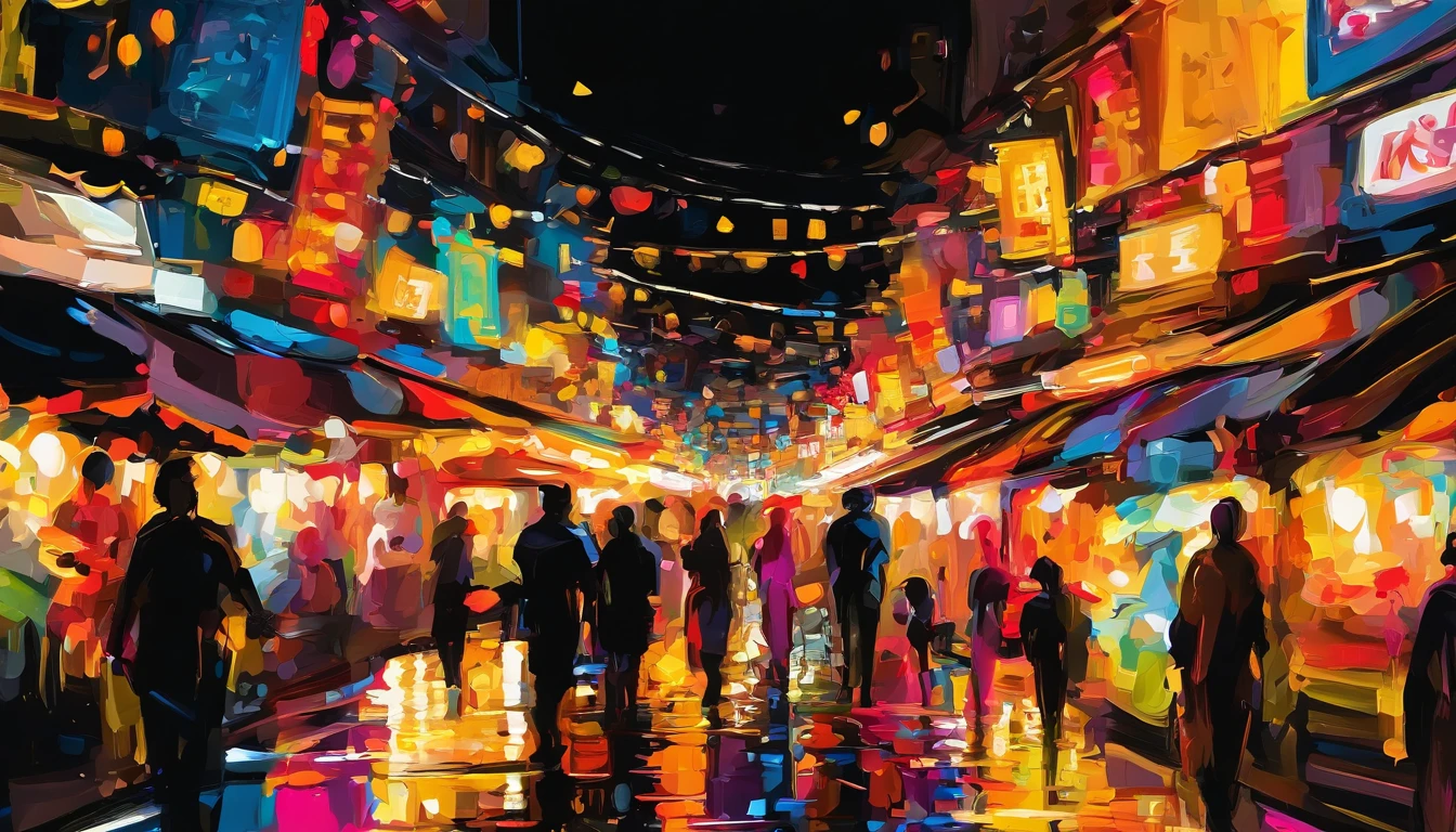 Bangkok night market, raining, night lights, refashion light, peoples , masterpiece art work, oil painting, impasto painting.