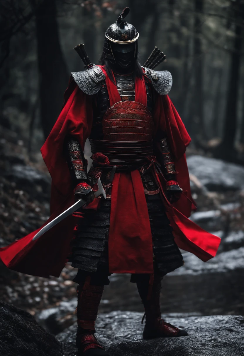 samurai com roupa escura, componentes de robo, com uma espada brilhando vermelho, de frente, fundo escuro, realista,