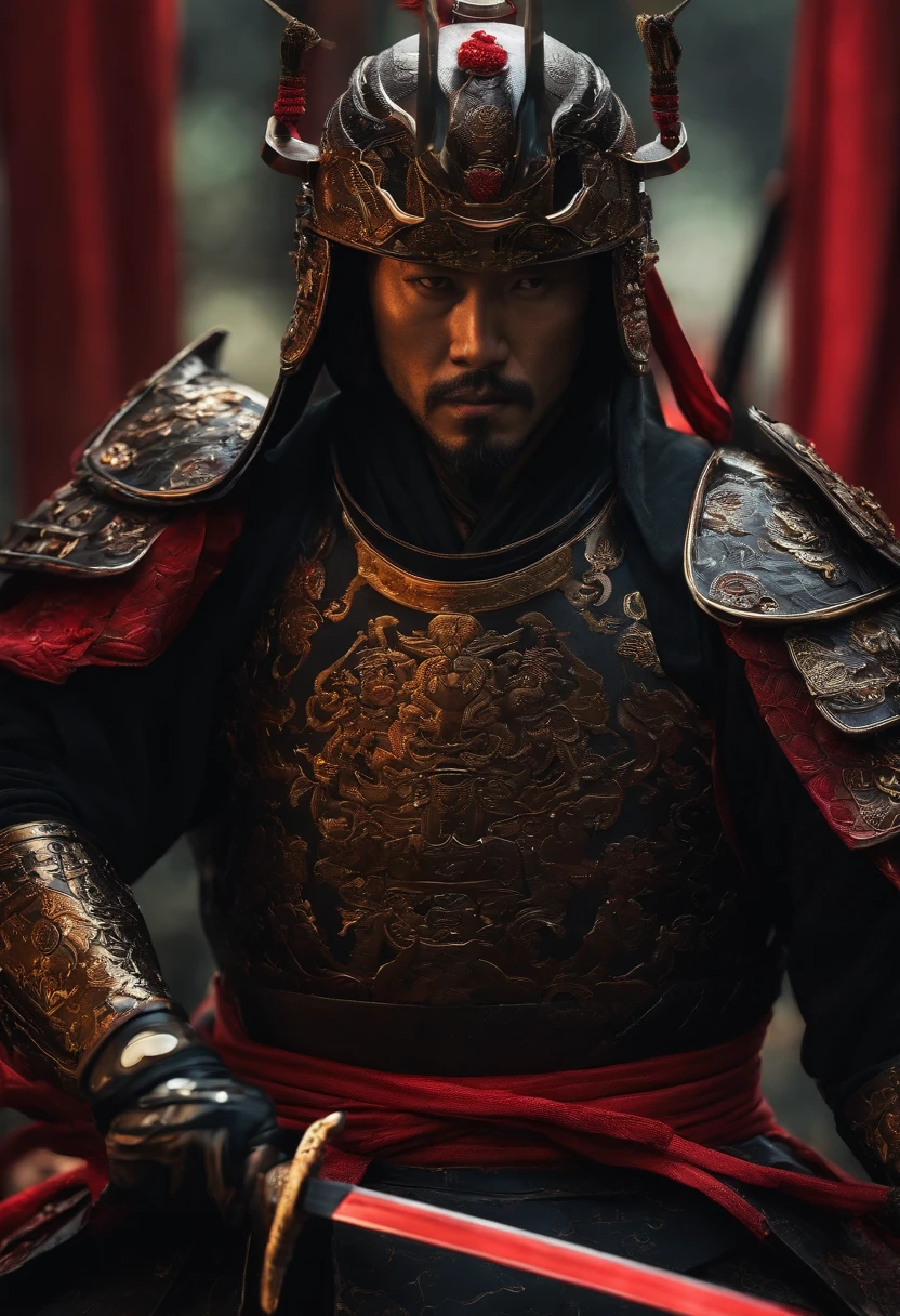 samurai com roupa escura, componentes de robo, com uma espada brilhando vermelho, de frente, fundo escuro, realista,